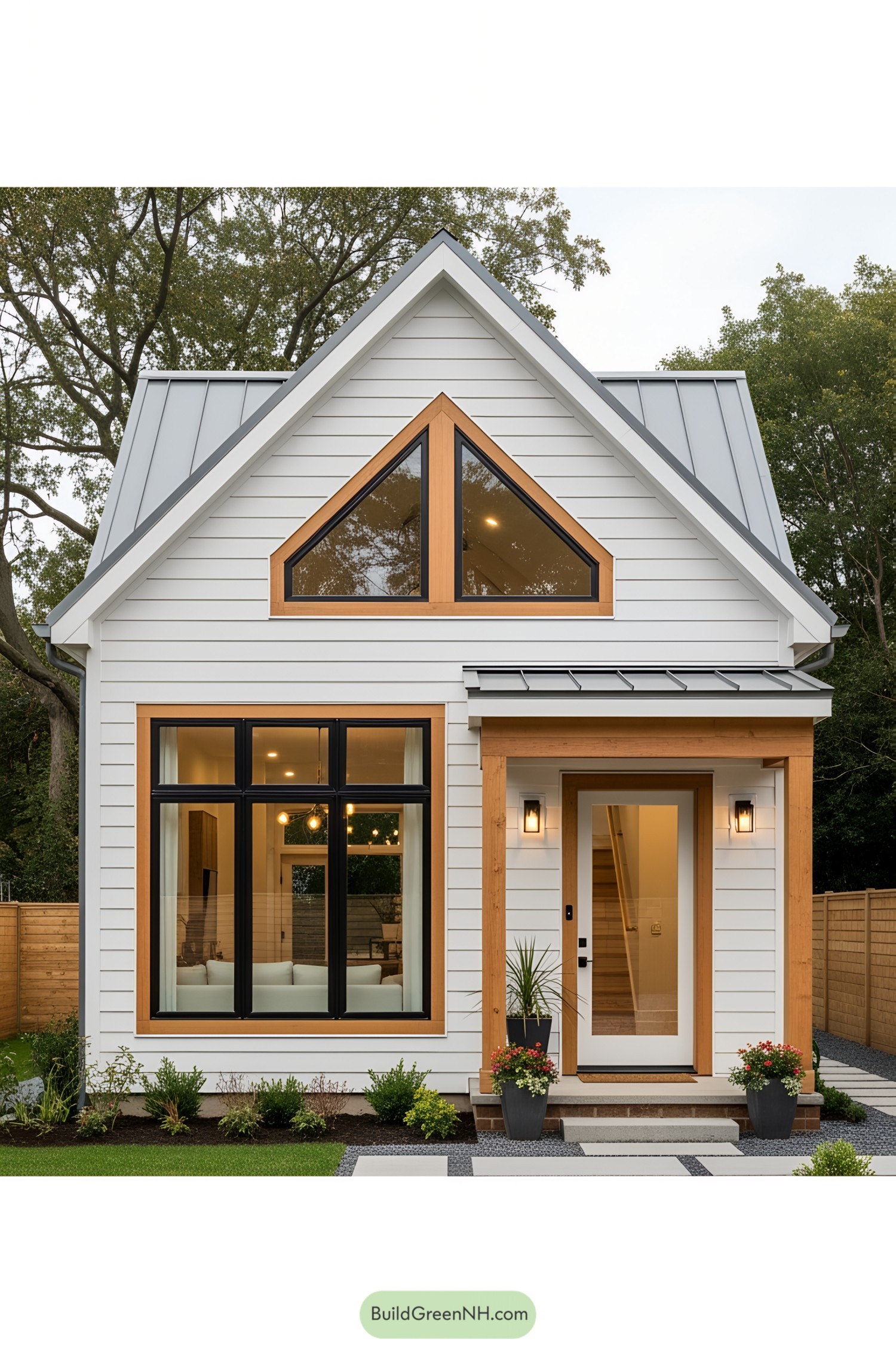 Cozy white bungalow with wooden trim and large windows