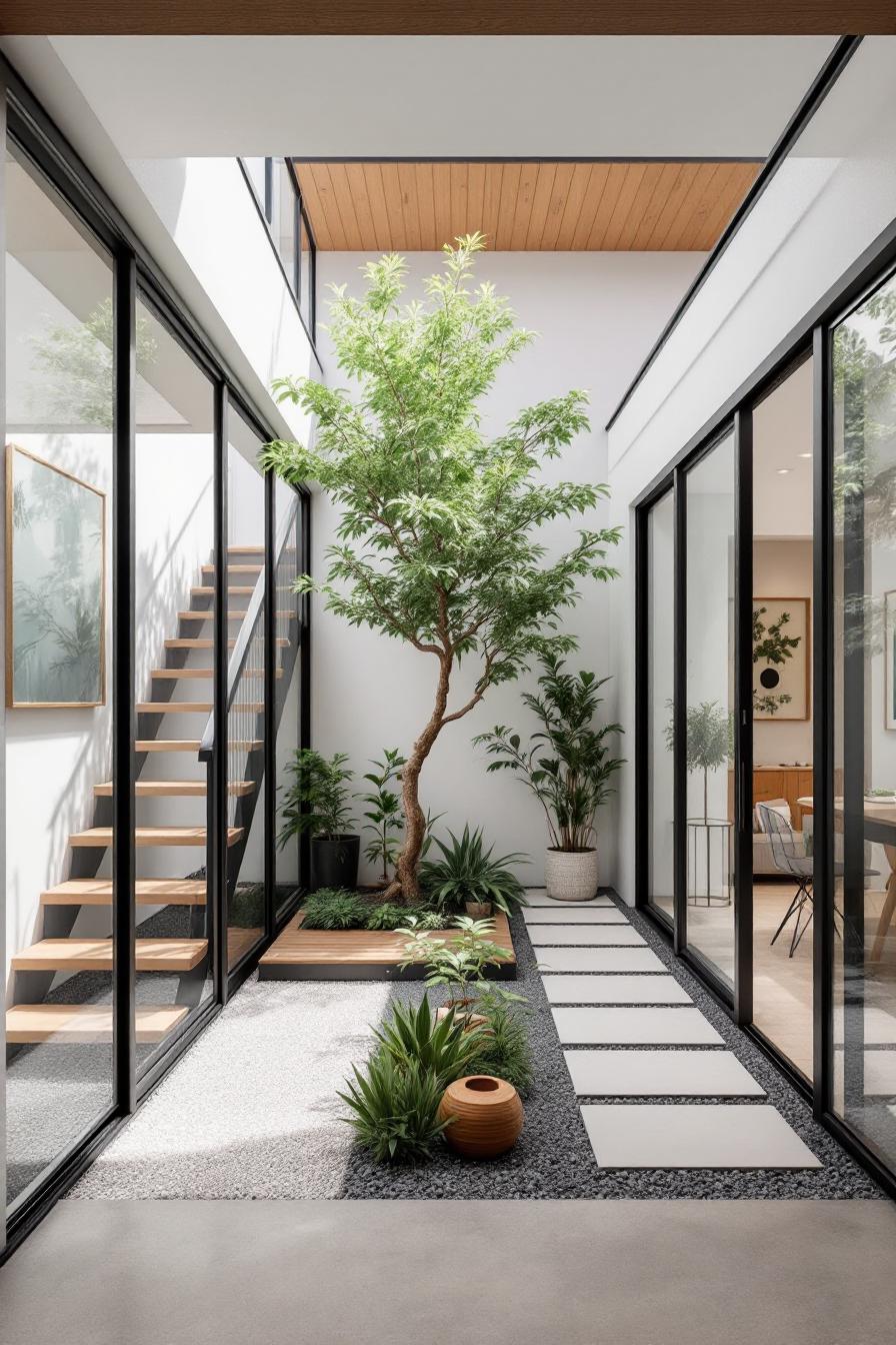 Bright courtyard with a central leafy tree and sleek glass walls
