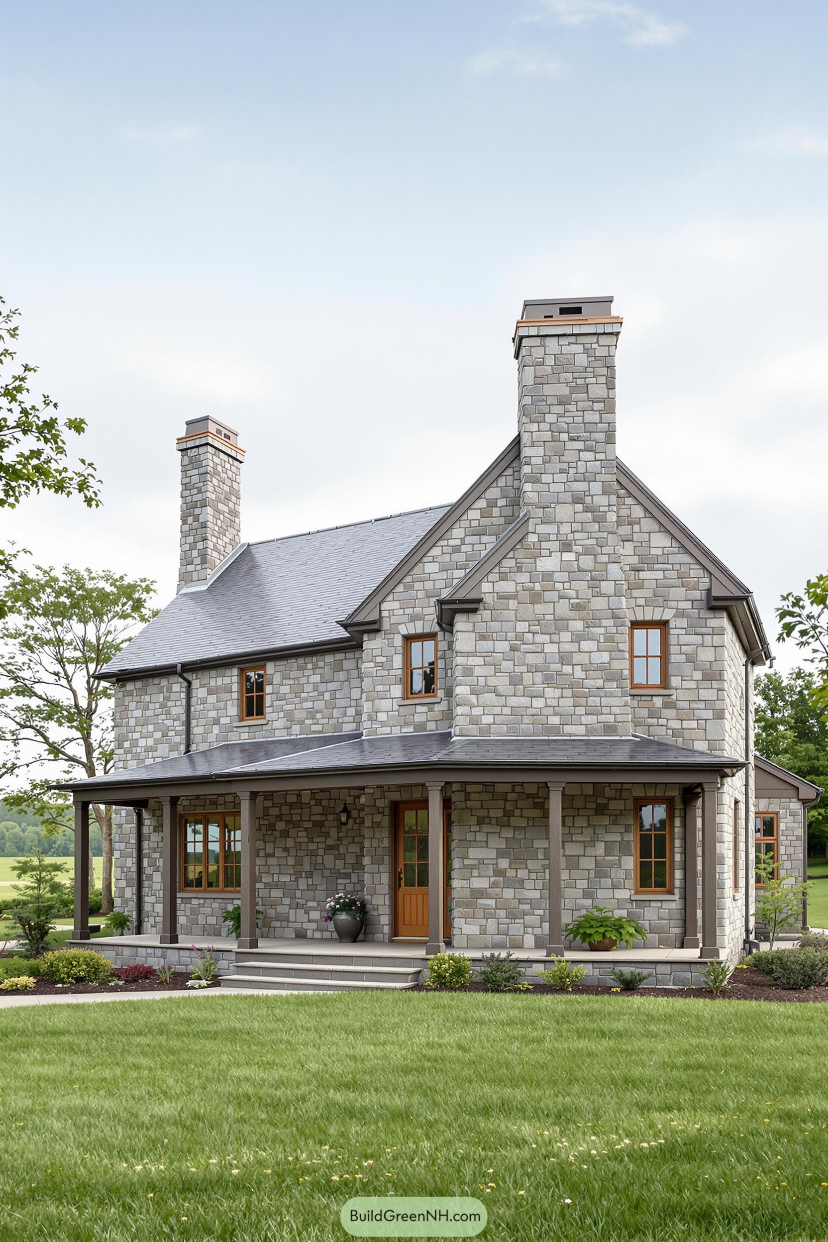 Classic stone farmhouse with pitched roof and porch