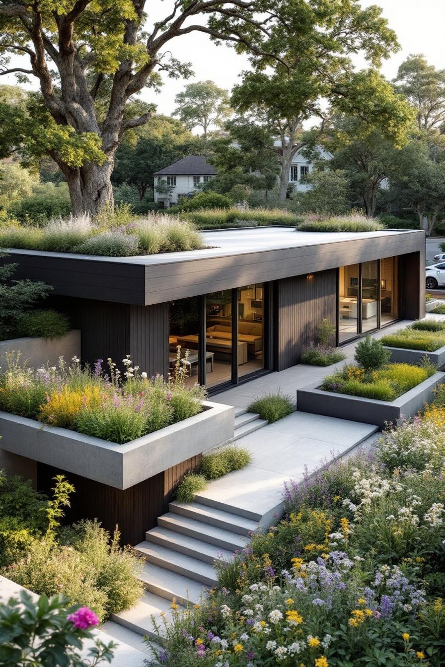Modern house with lush rooftop garden in sunken courtyard