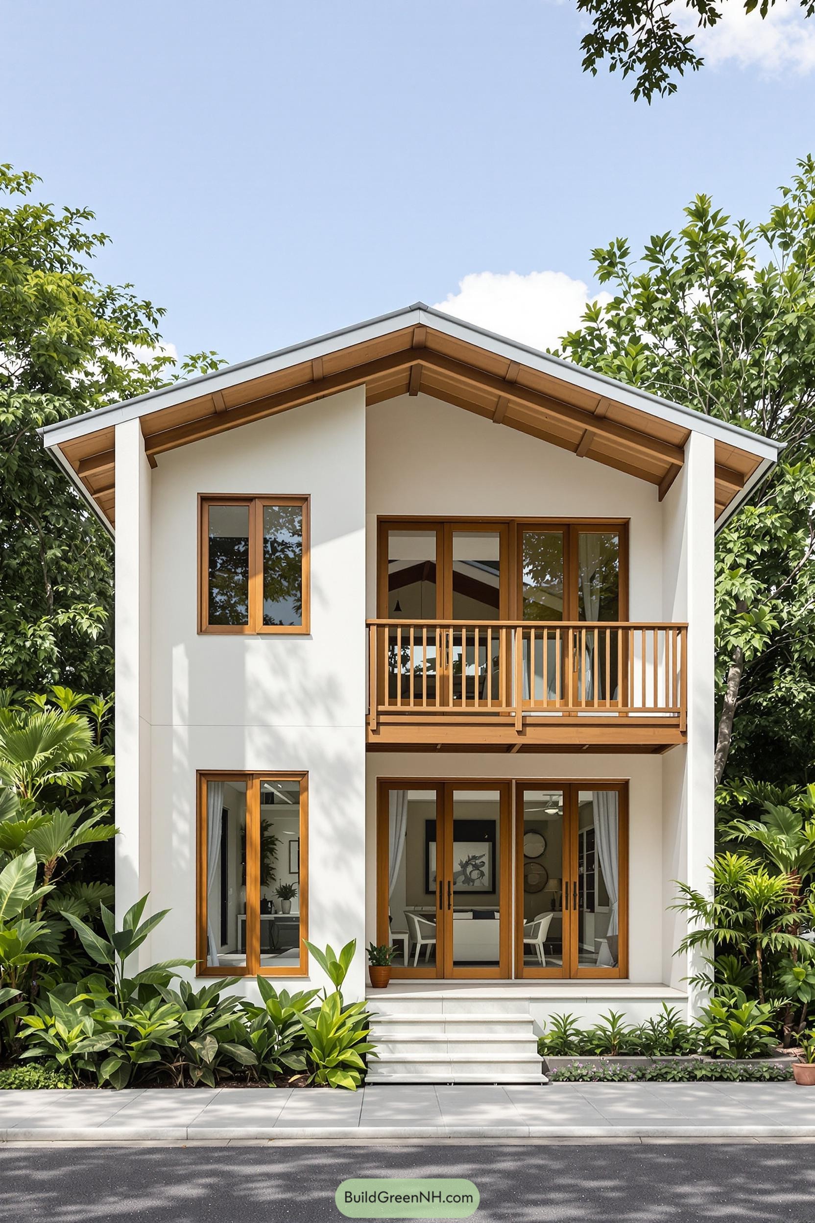Modern two-story cabin with wooden accents