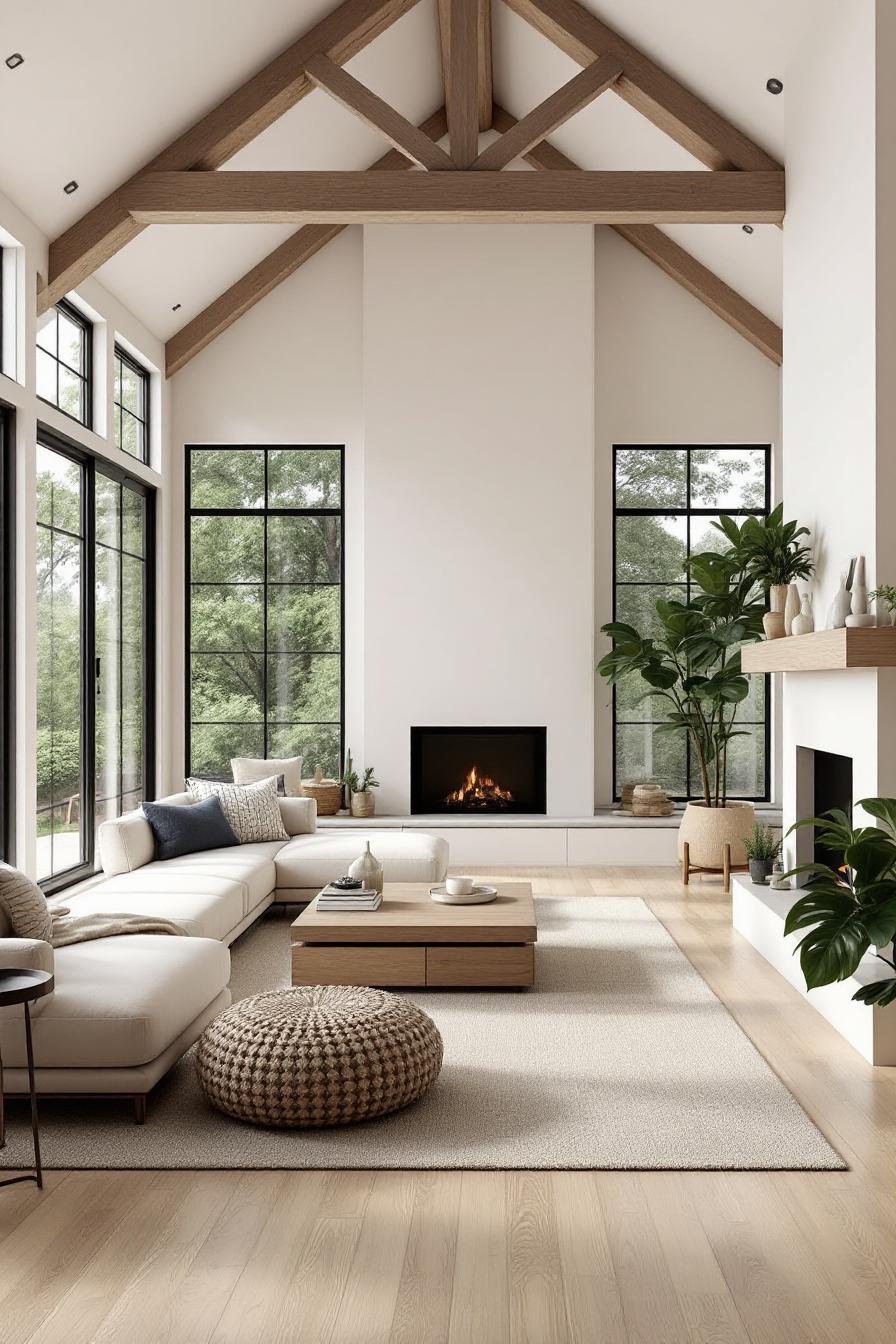 Cozy living room with large windows and fireplace, featuring natural wood accents