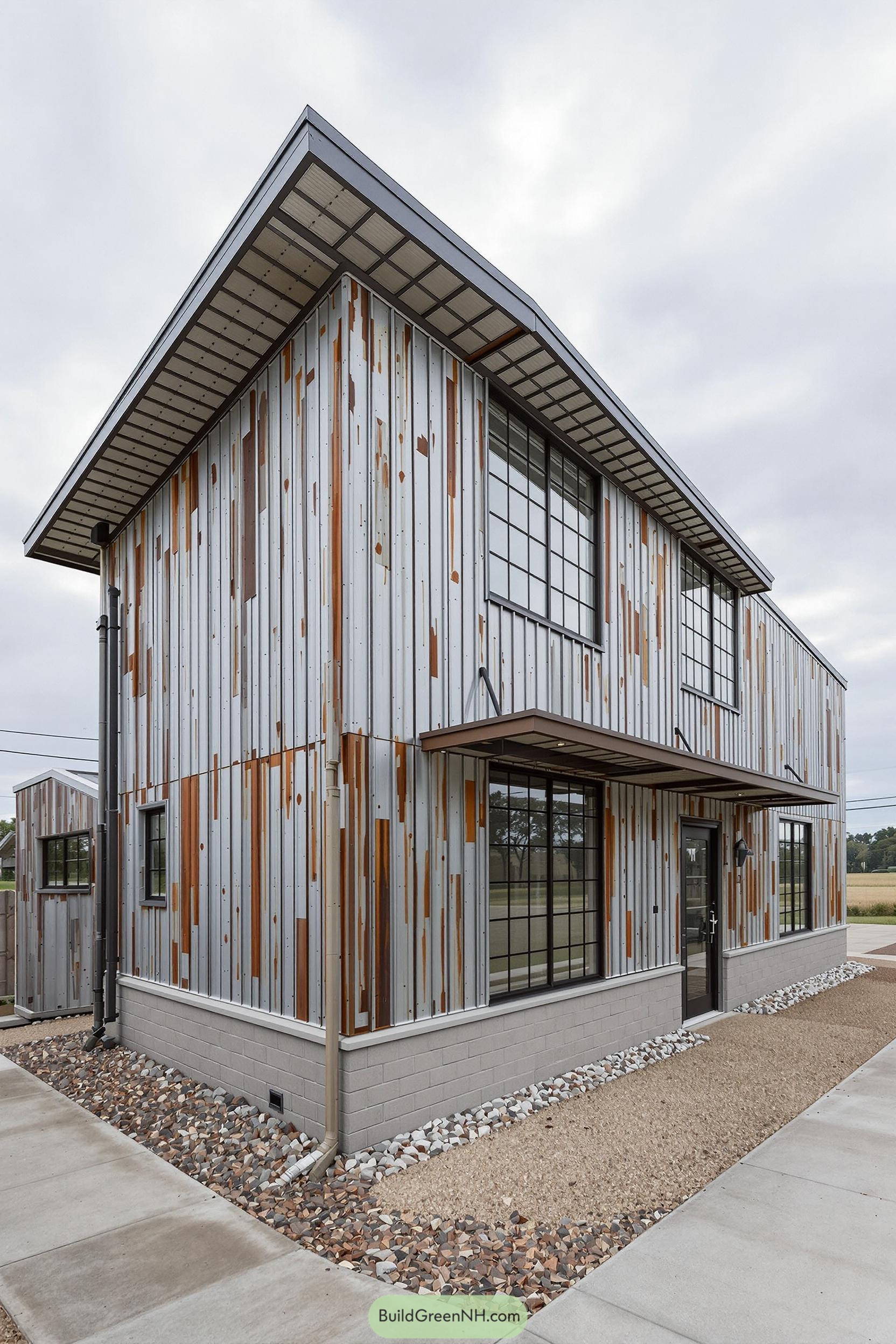 Modern industrial building with rust-accented steel facade