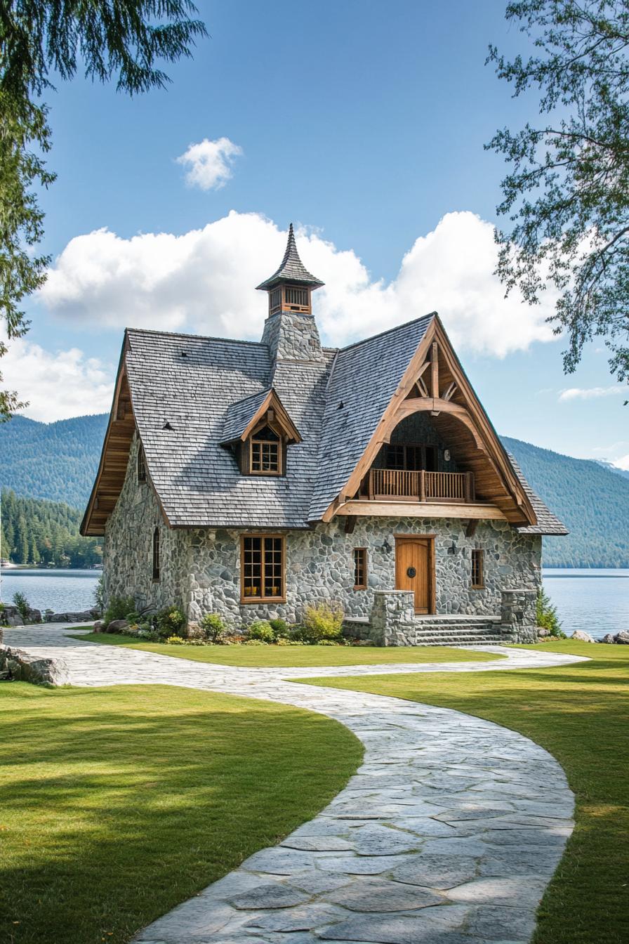 Charming stone cottage with a wooden roof by a serene lake