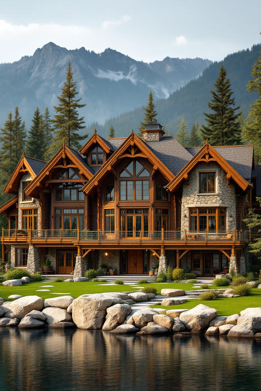 Luxurious cabin with timber and stone architecture by a lake
