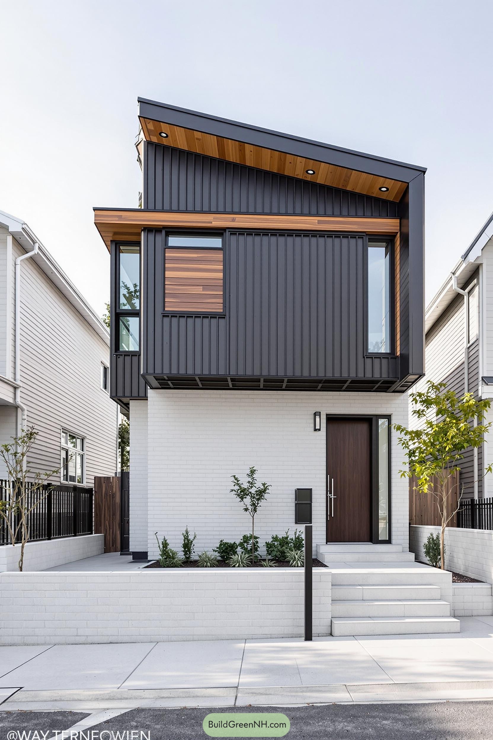 Modern industrial house with clean lines and dark cladding