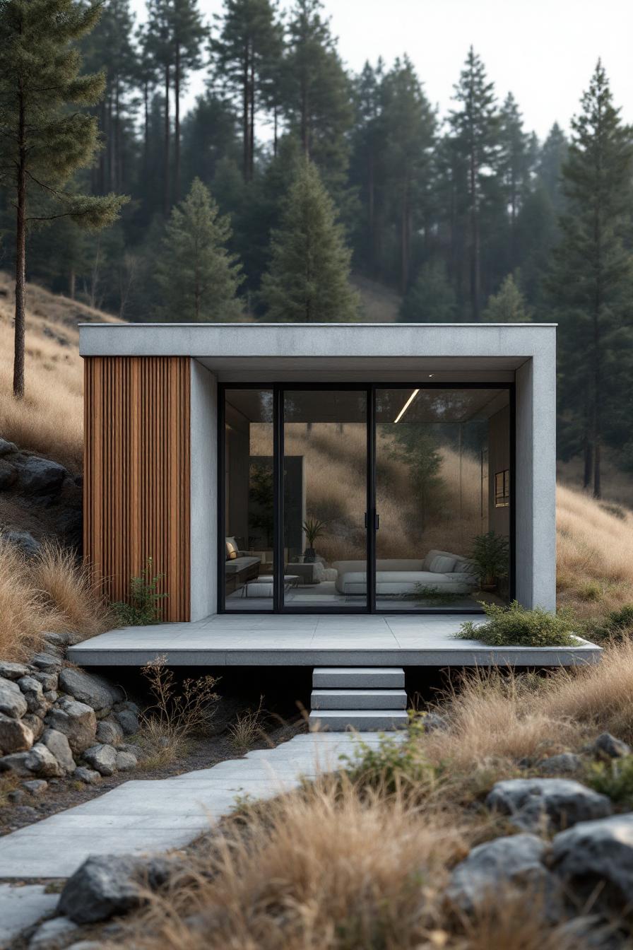 A small modern house with large windows surrounded by trees