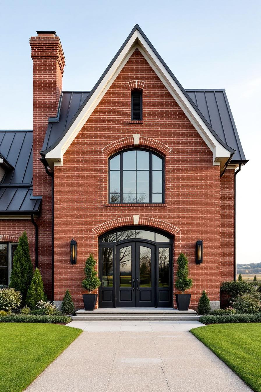 Red brick house with a sleek black door and arched windows