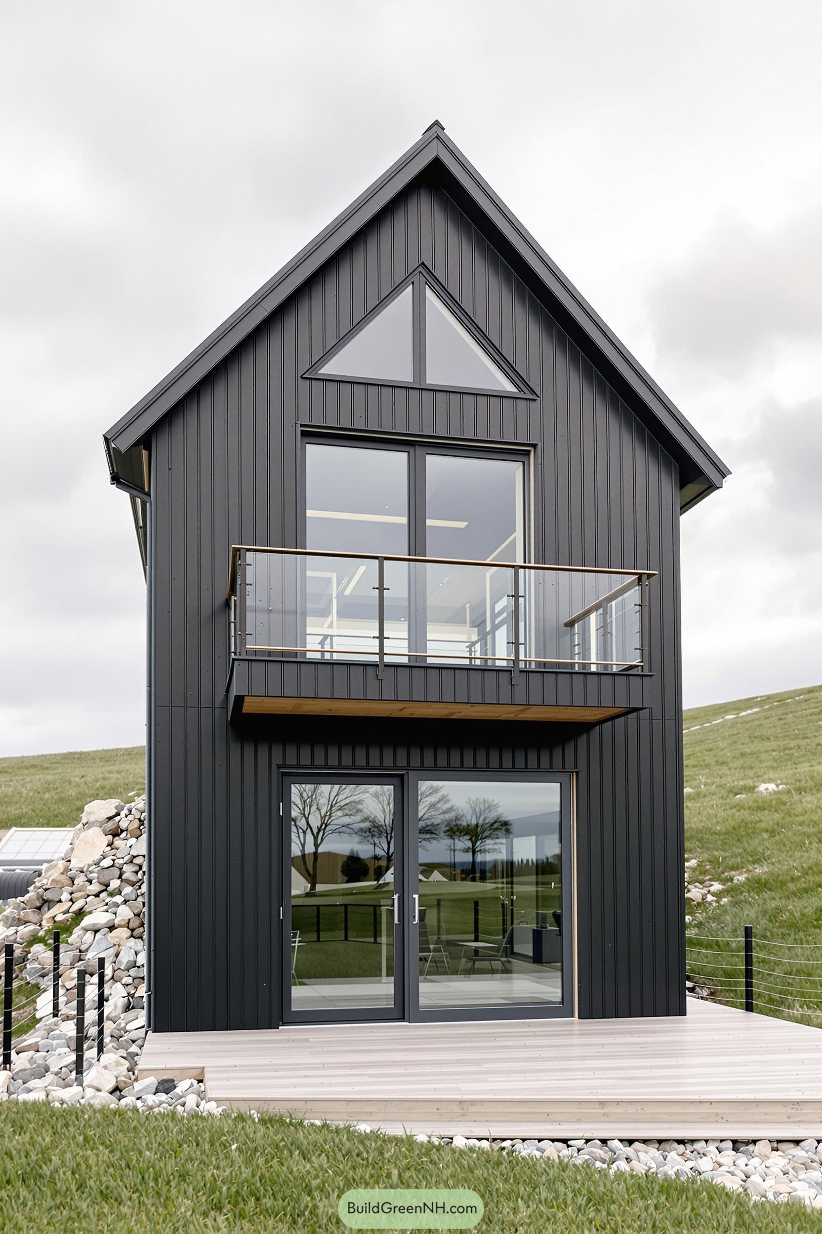 Modern barn house with a balcony and large windows