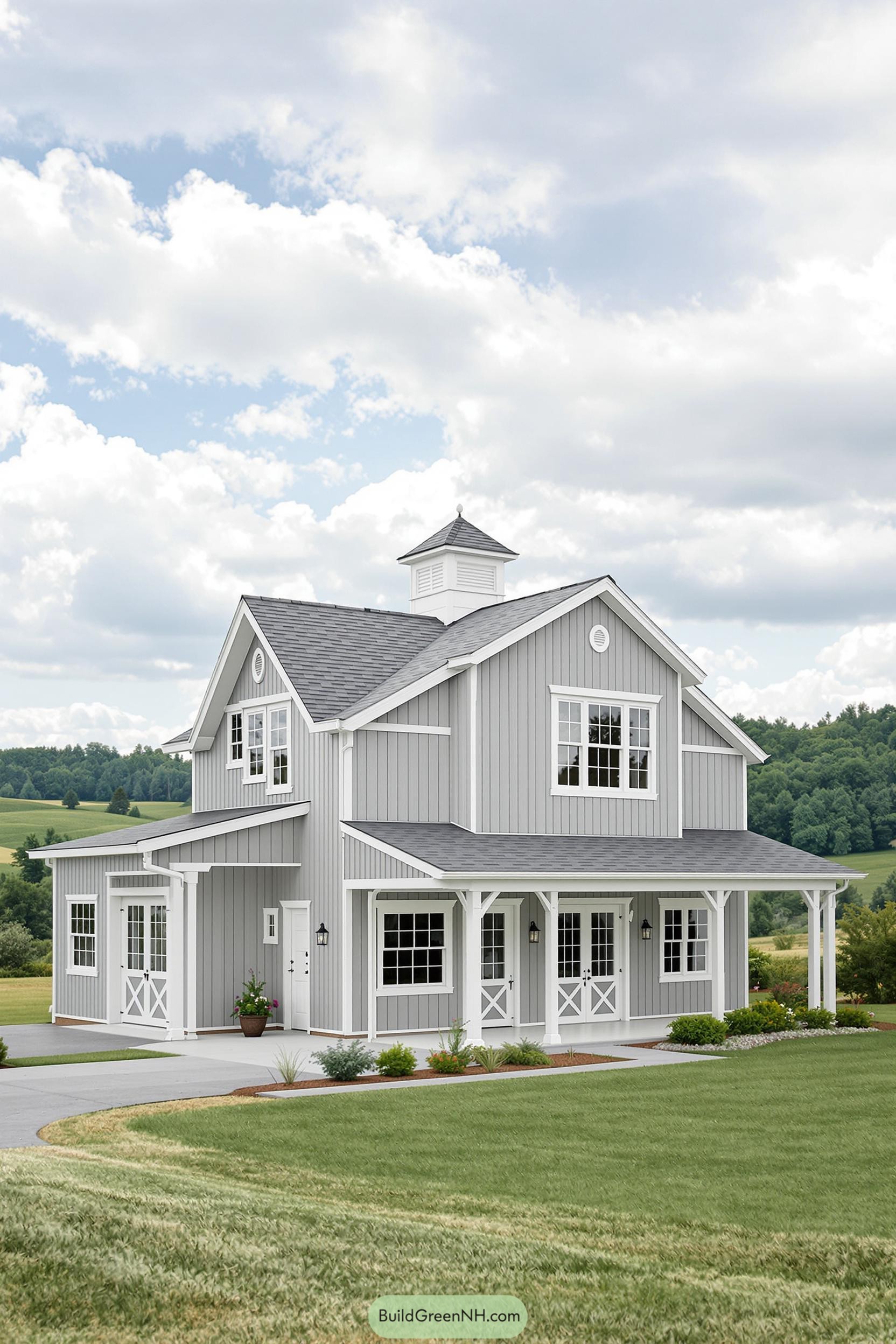 Beautiful two-story barn-style house surrounded by lush greenery