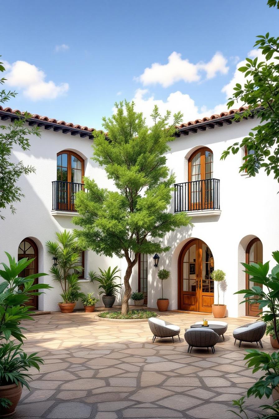Sunny Spanish courtyard with lush greenery and cozy seating