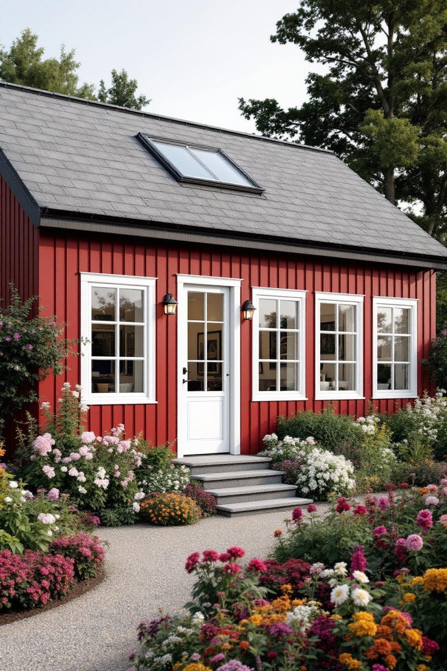 Red house surrounded by vibrant flowers