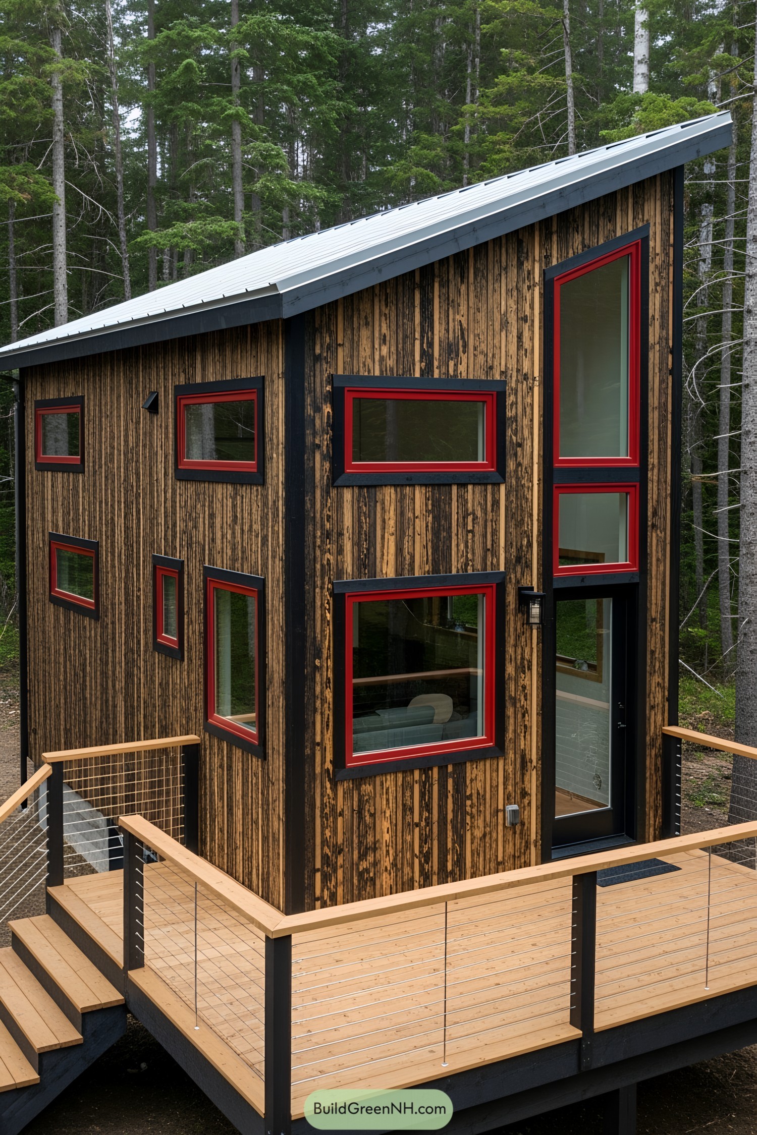Small rustic house with dark wood and red window accents