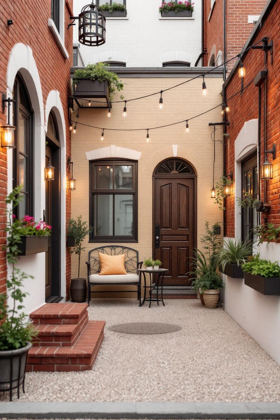 Charming courtyard with cozy seating and string lights