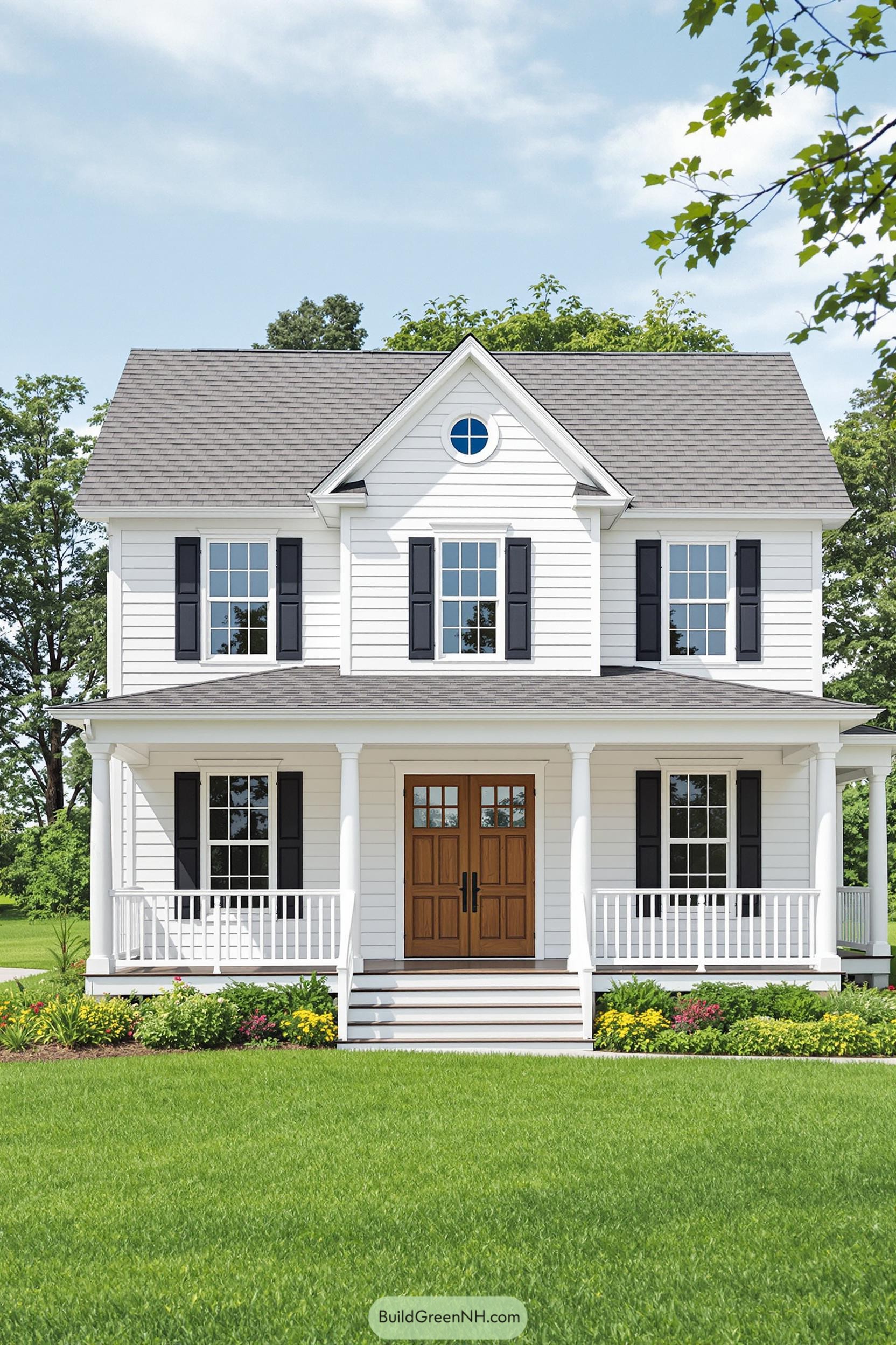 White two-story farmhouse with porch and garden