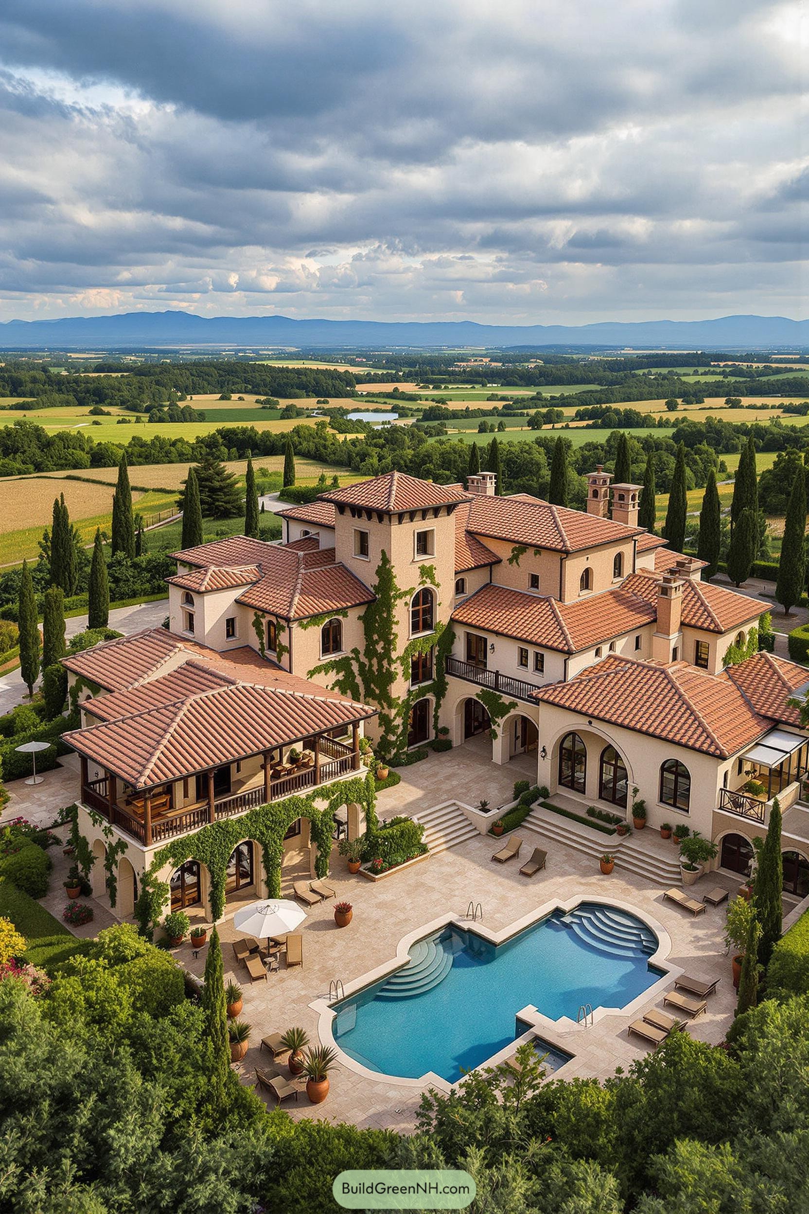 Tuscan mansion with terracotta roofs, pool, and cypress trees