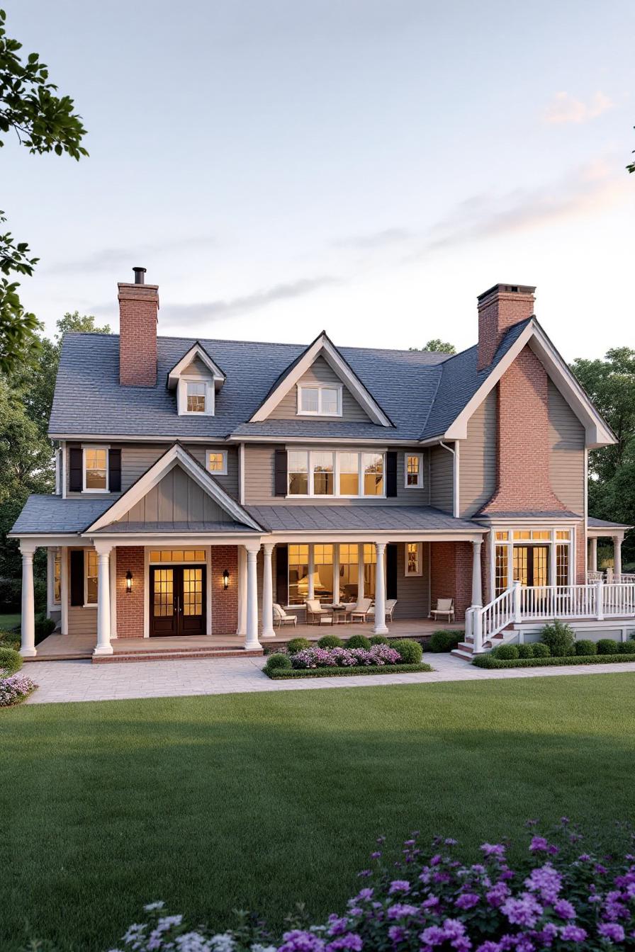 Elegant farmhouse mansion with porch and chimney