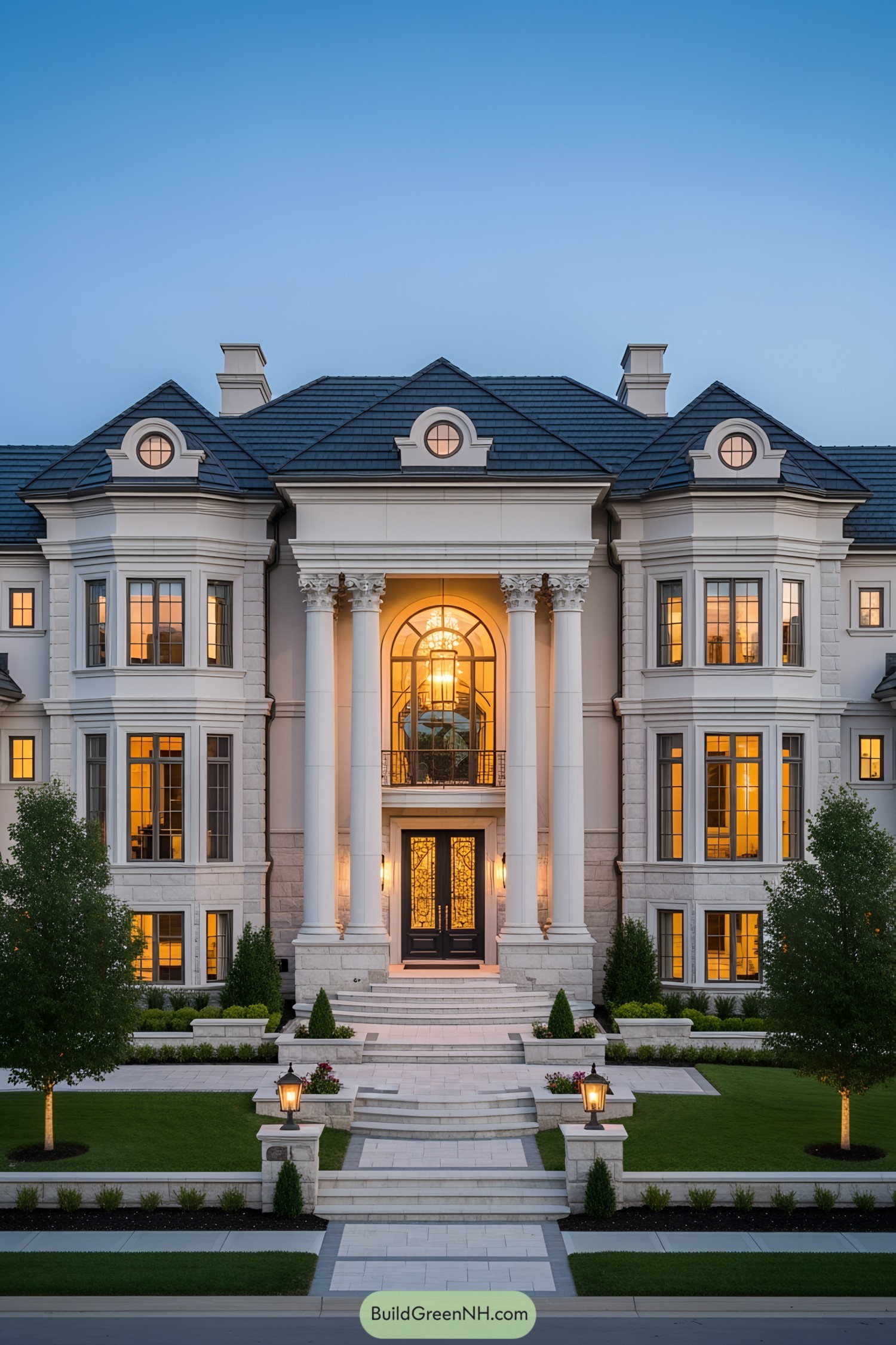 Grand house with towering columns and glowing windows at twilight