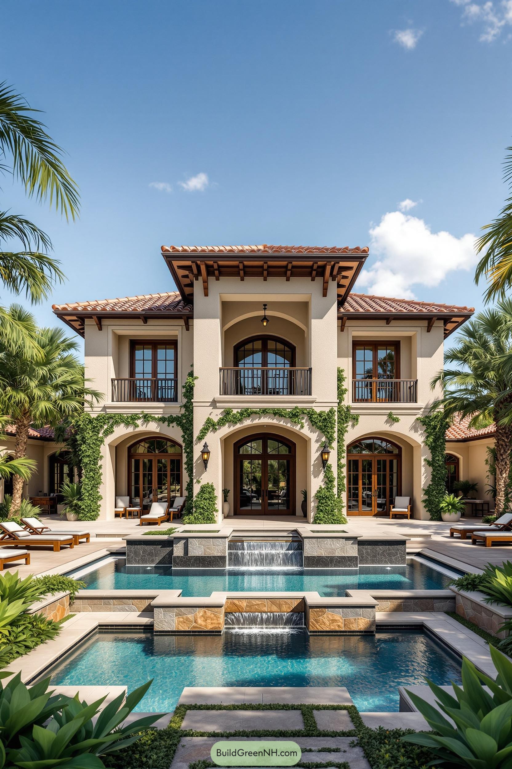 A luxurious mansion with a grand pool and palm trees