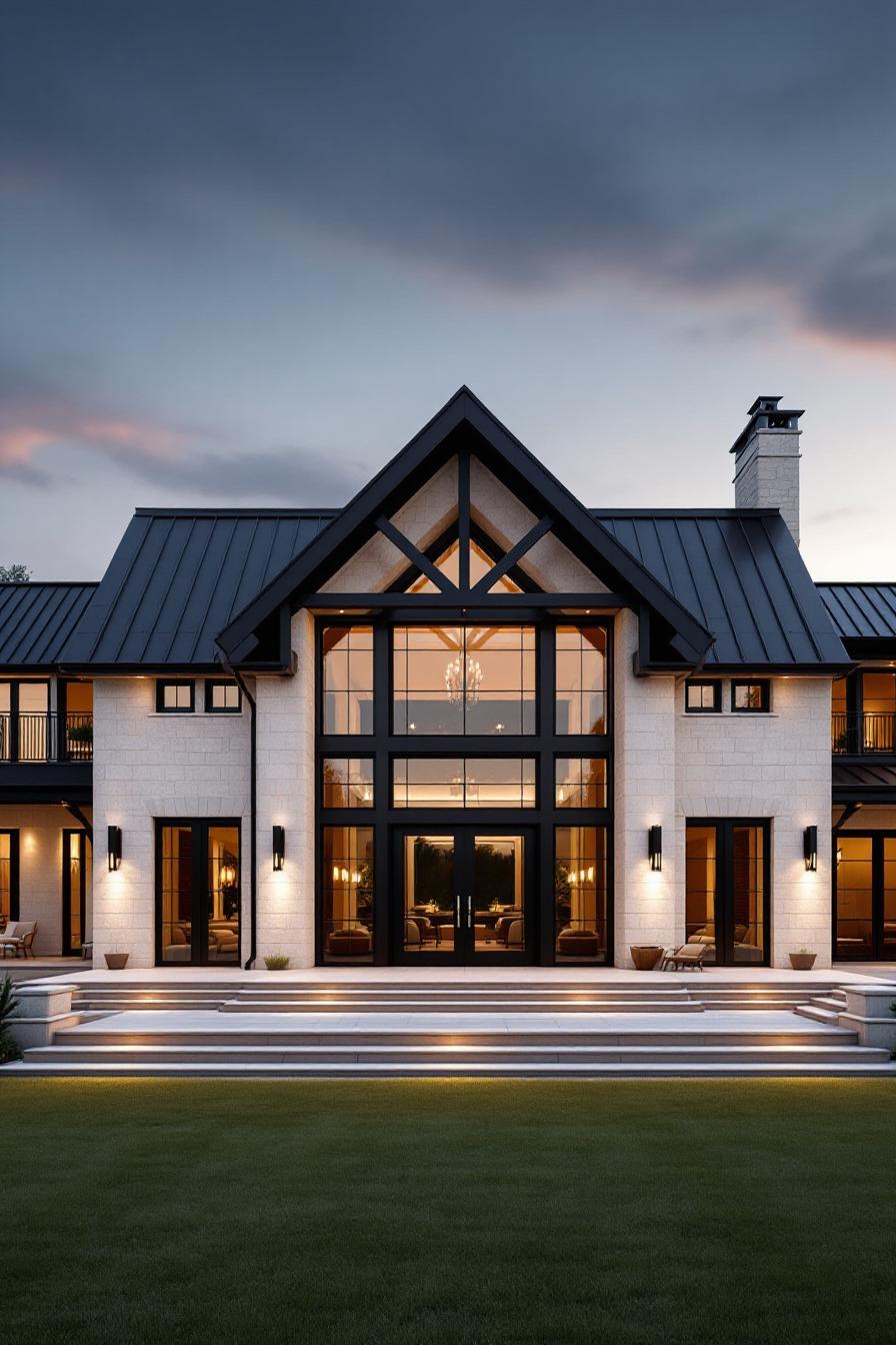 Modern barndominium with large windows and gabled roof under a dusky sky