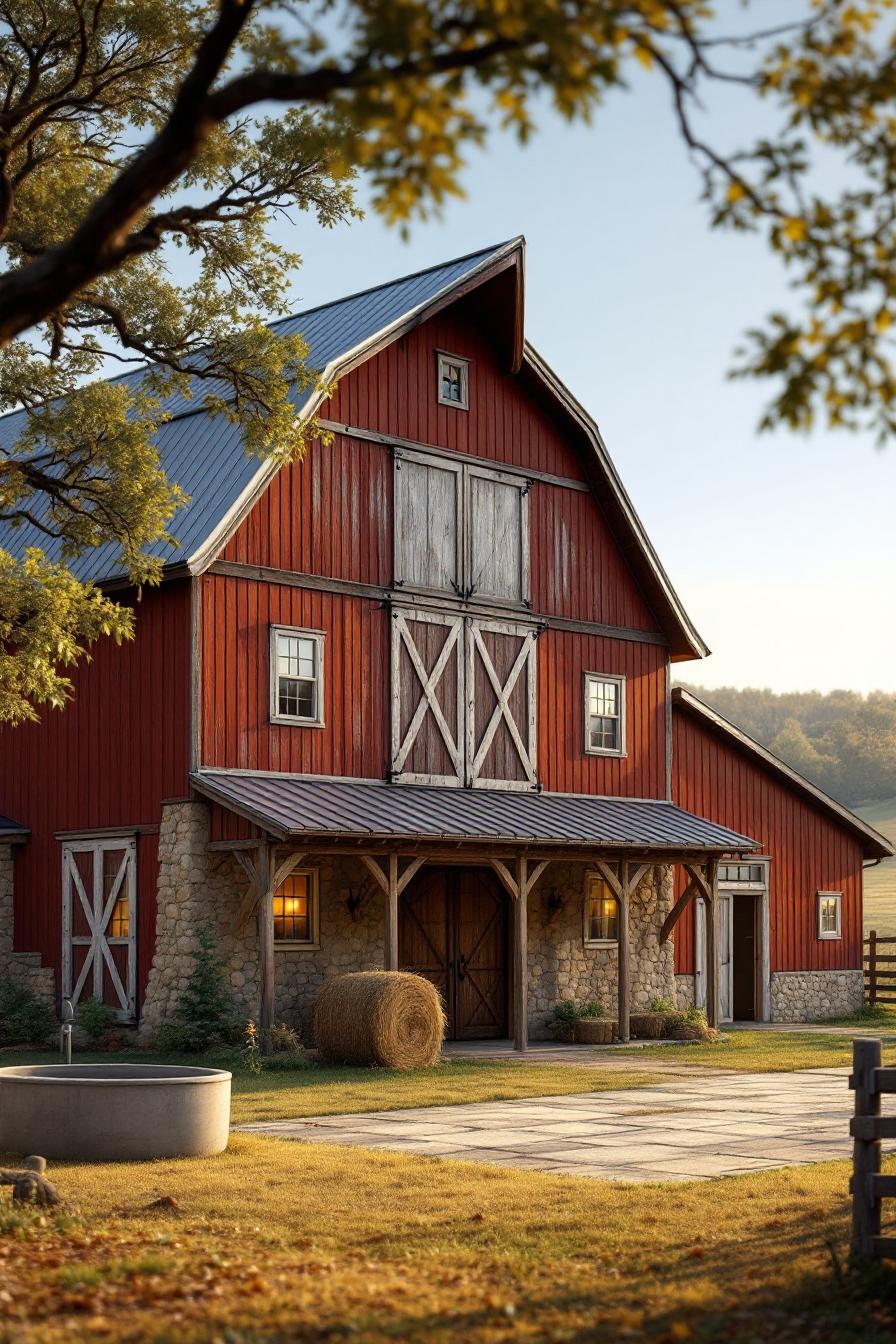 Charming red barn with stone accents and a tranquil setting