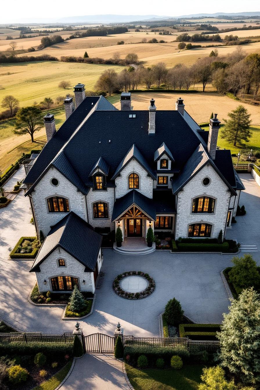 Elegant farmhouse mansion with vast countryside backdrop