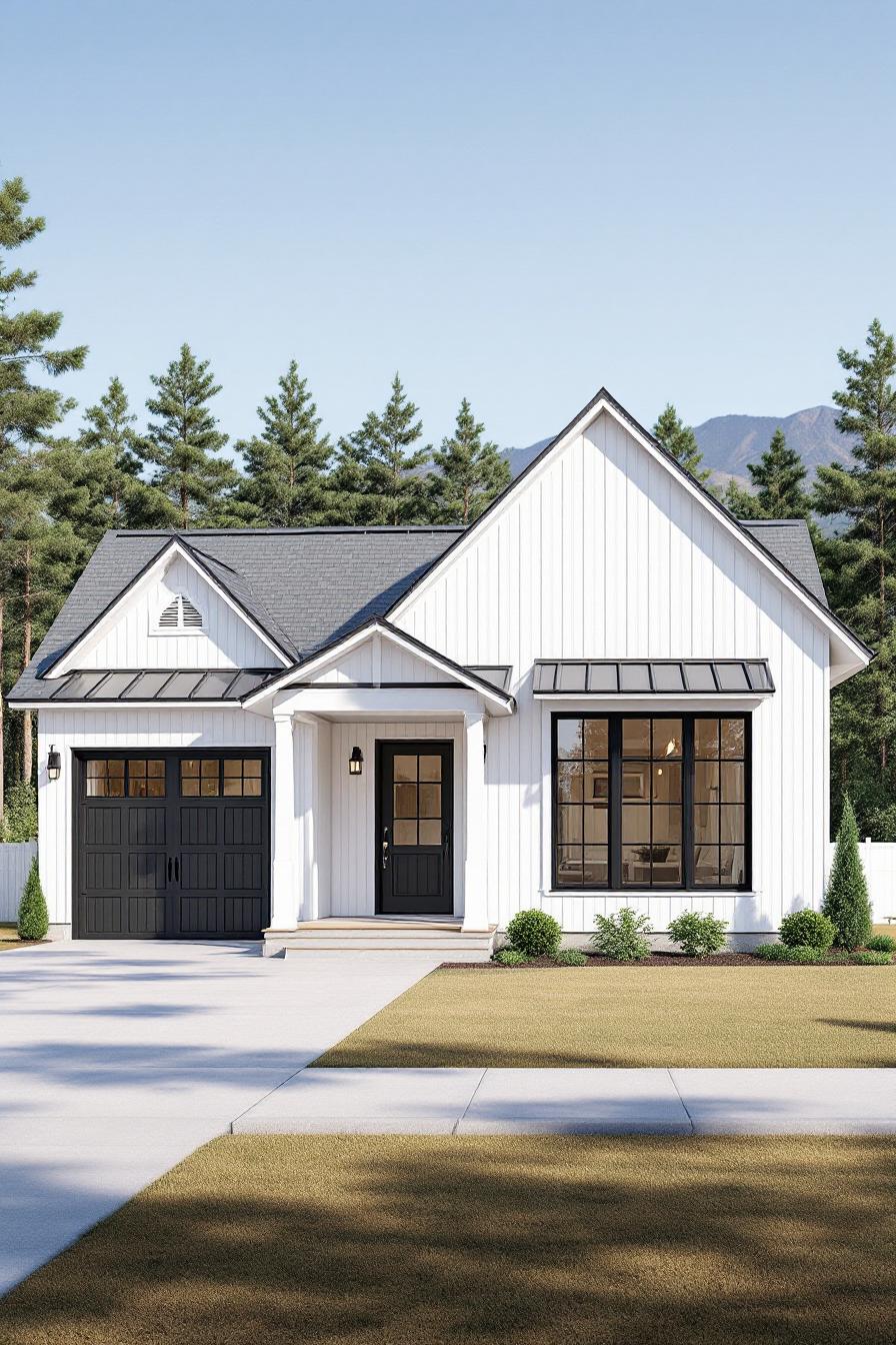 Charming white cottage with contrasting black accents and a tidy lawn