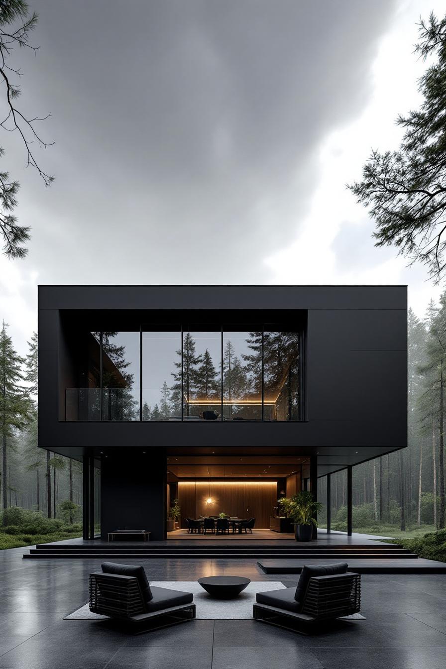 A sleek black modern house amidst towering trees