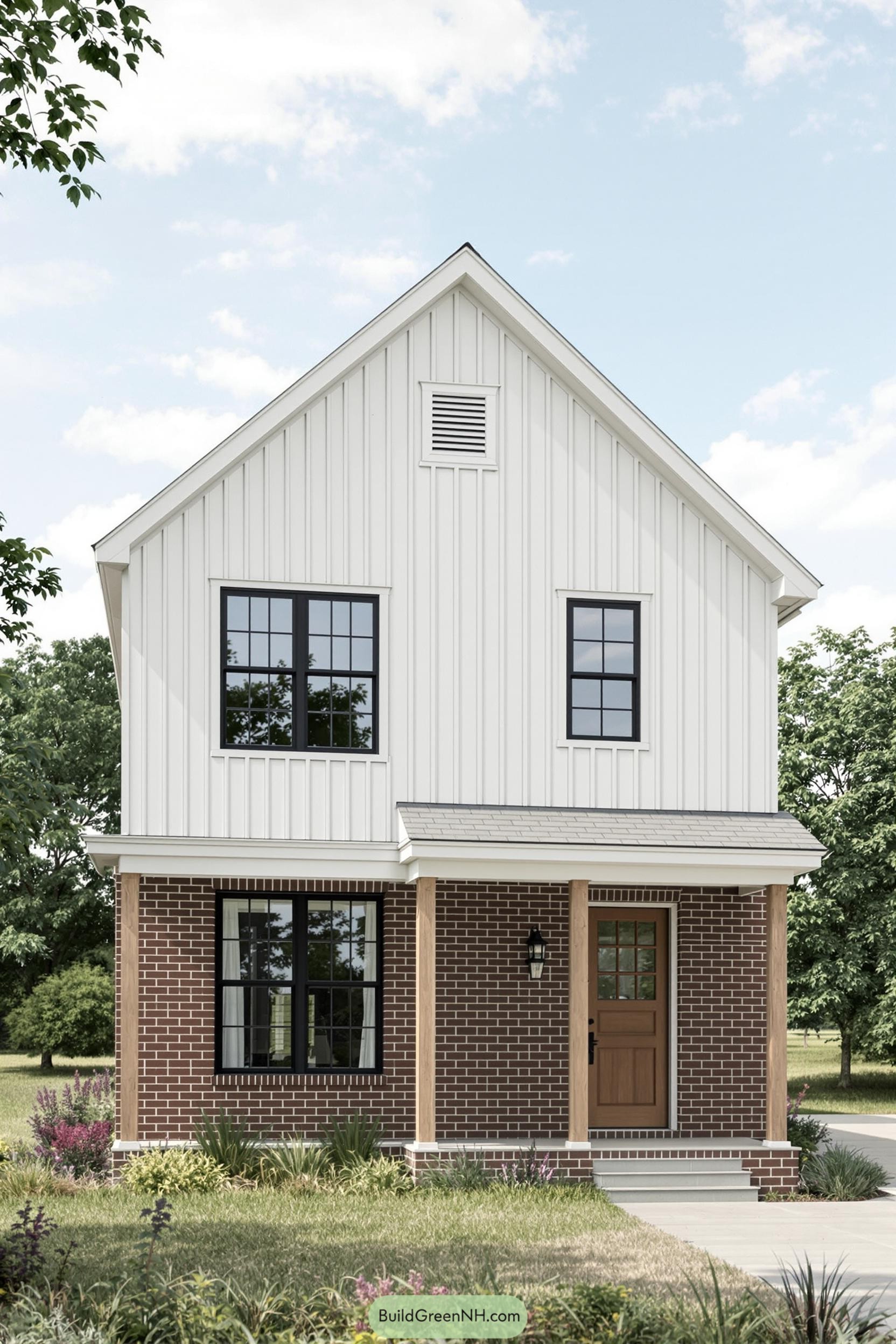 Two-story farmhouse with brick and white paneling