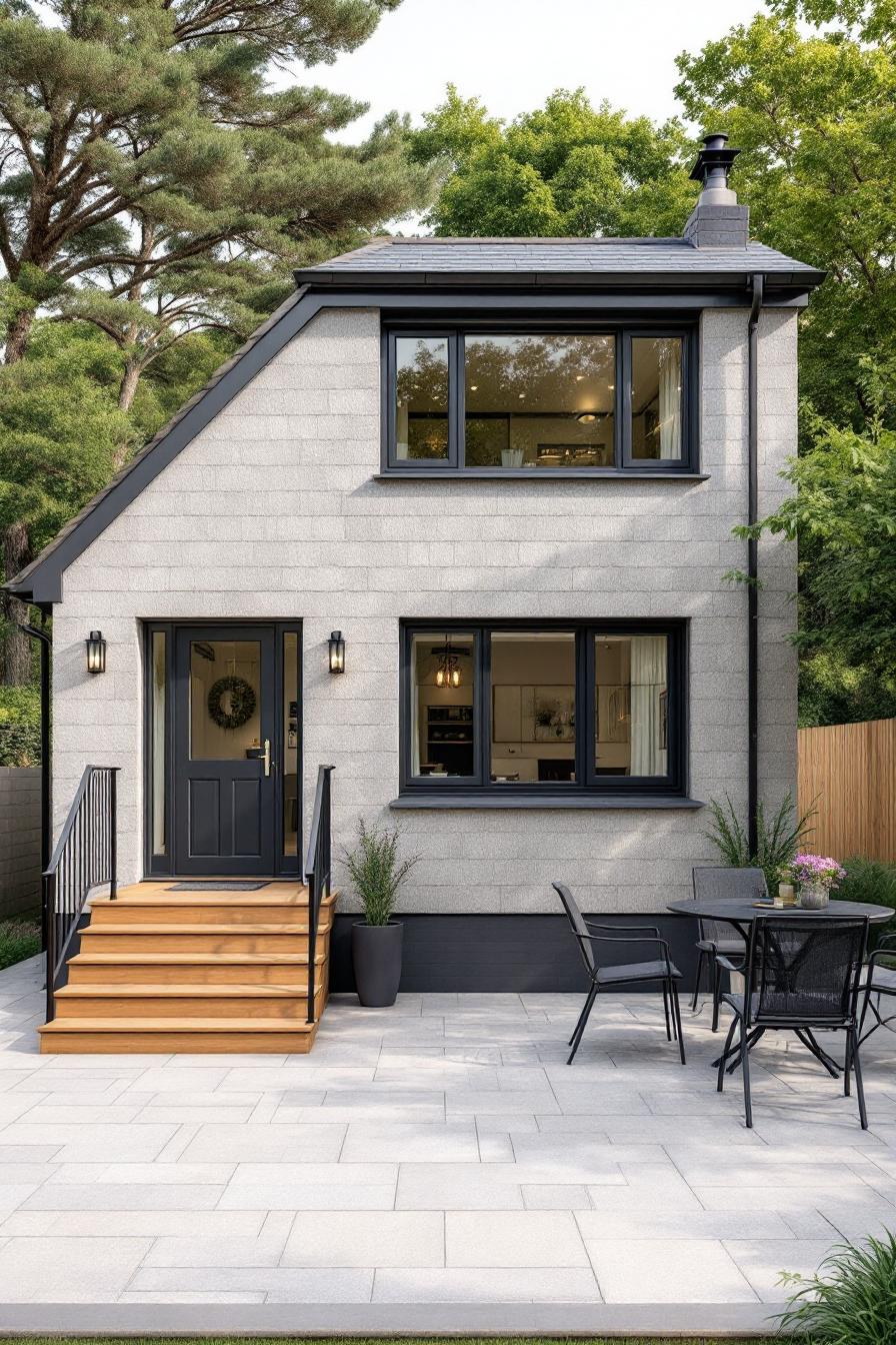 A contemporary grey cottage with black-trimmed windows and welcoming steps
