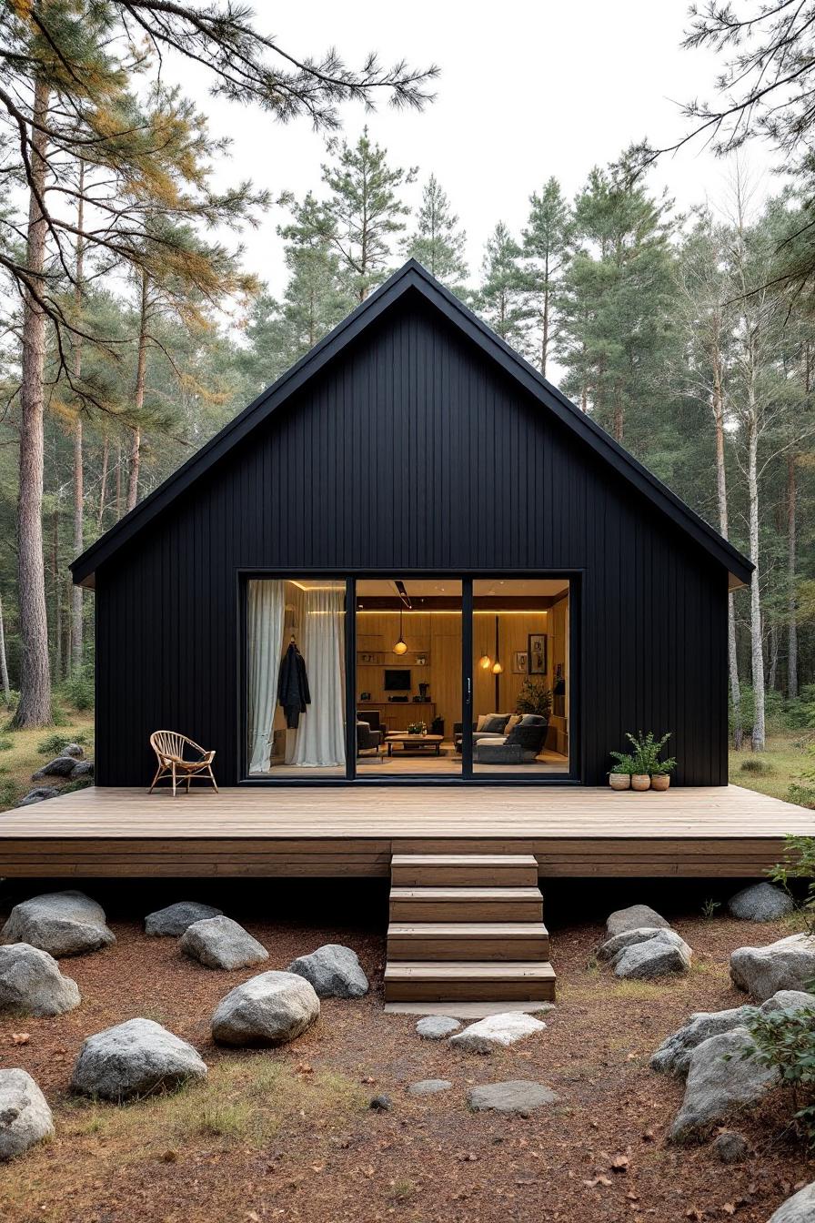 Small black wooden cottage with a glass door surrounded by forest