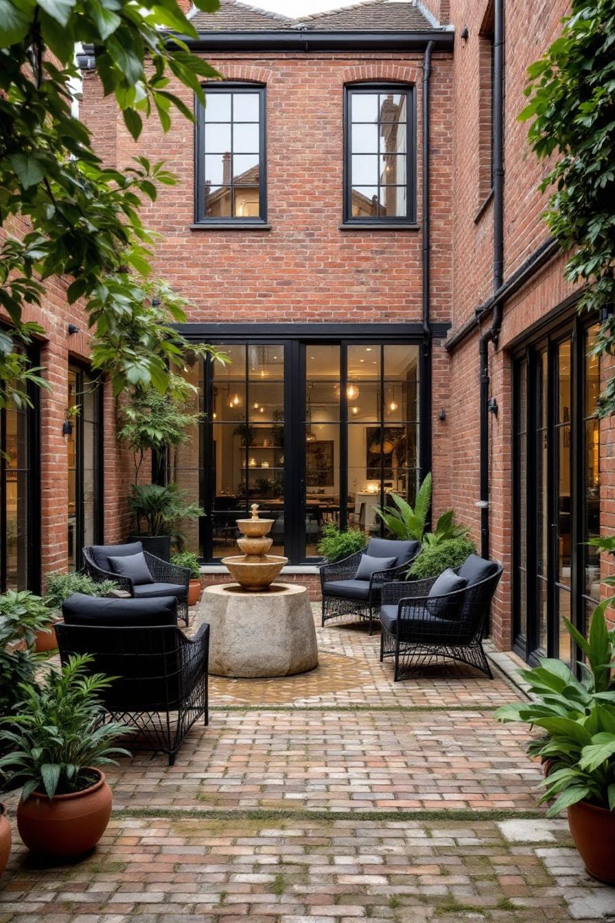 Courtyard with brick walls, potted plants, and cozy seating
