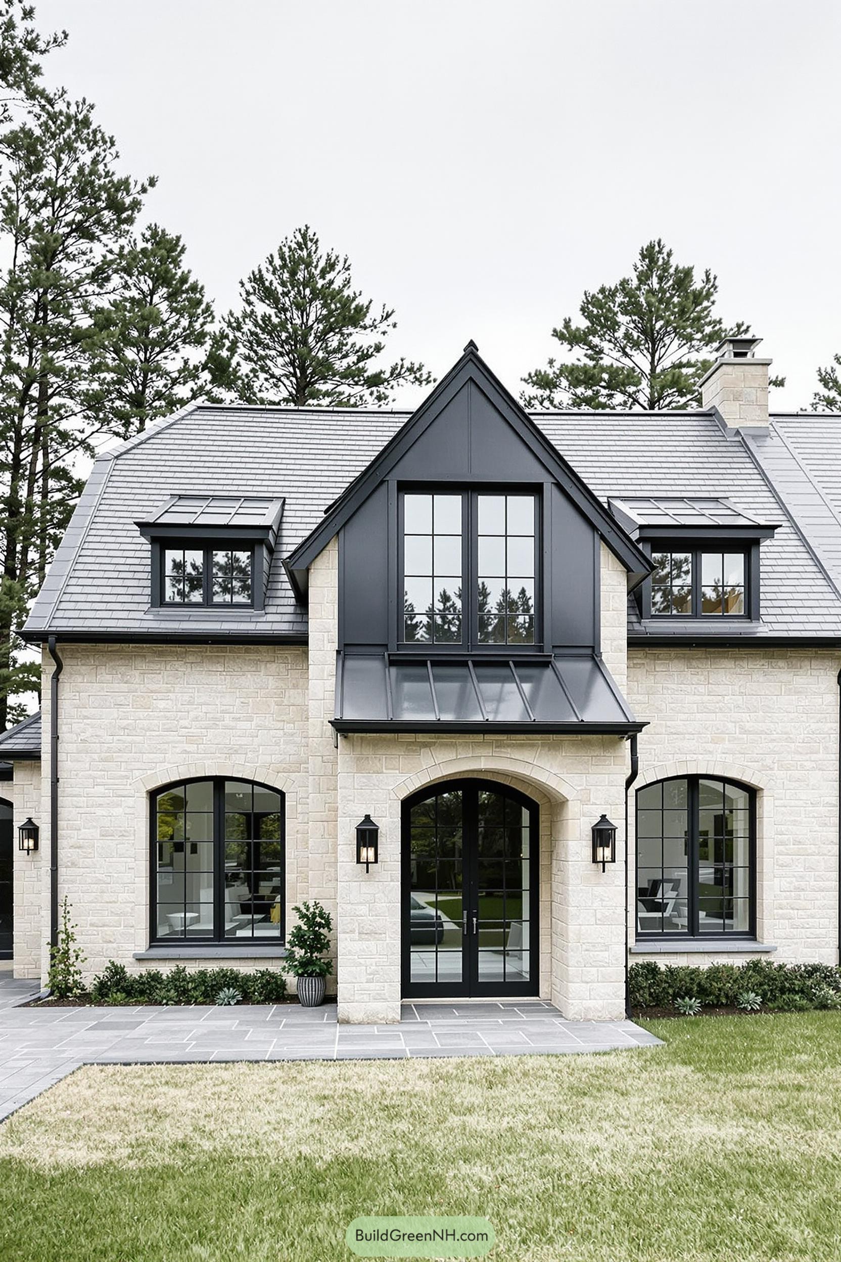 Elegant light stone house with black-framed windows