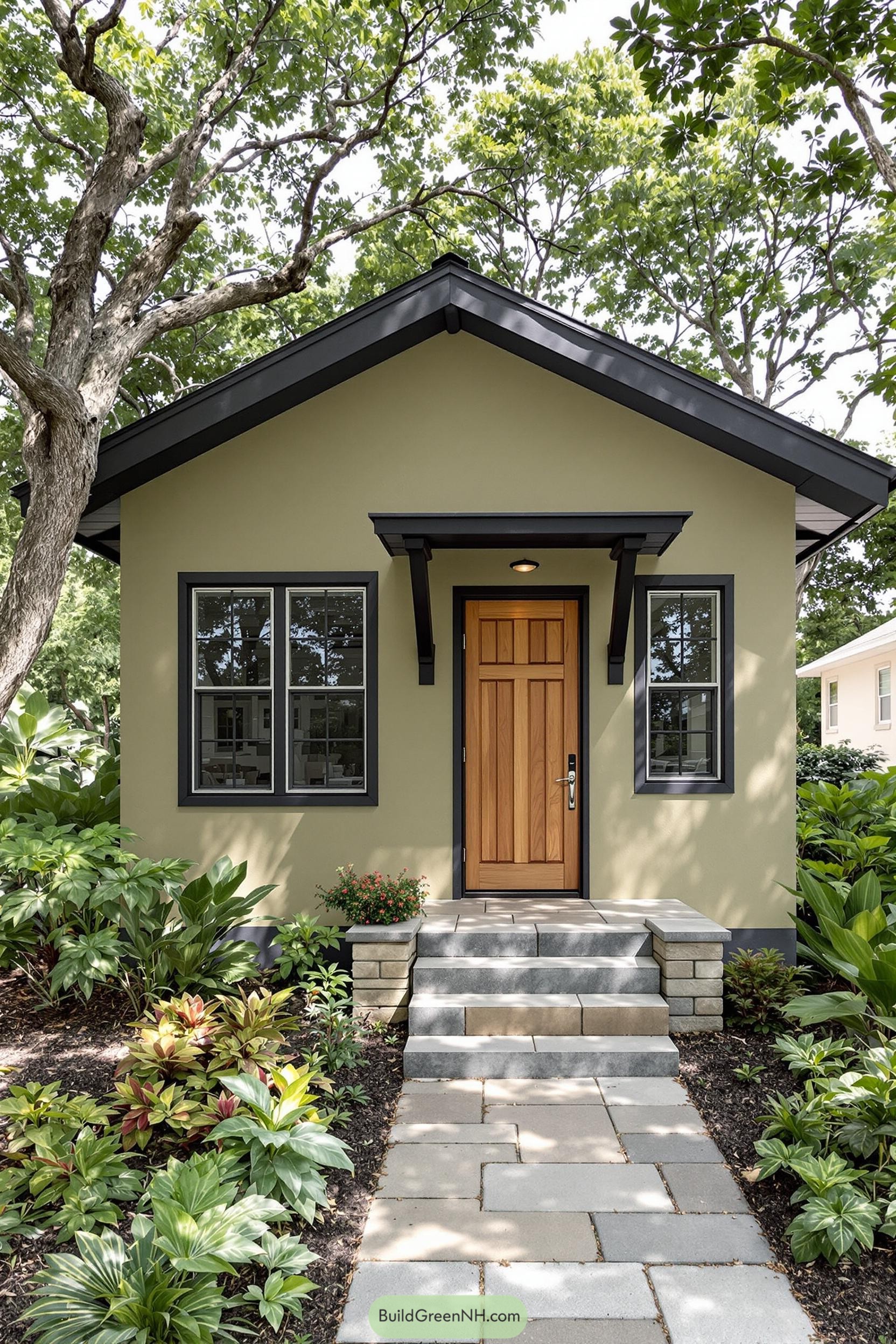 Small green bungalow with wooden door surrounded by lush foliage