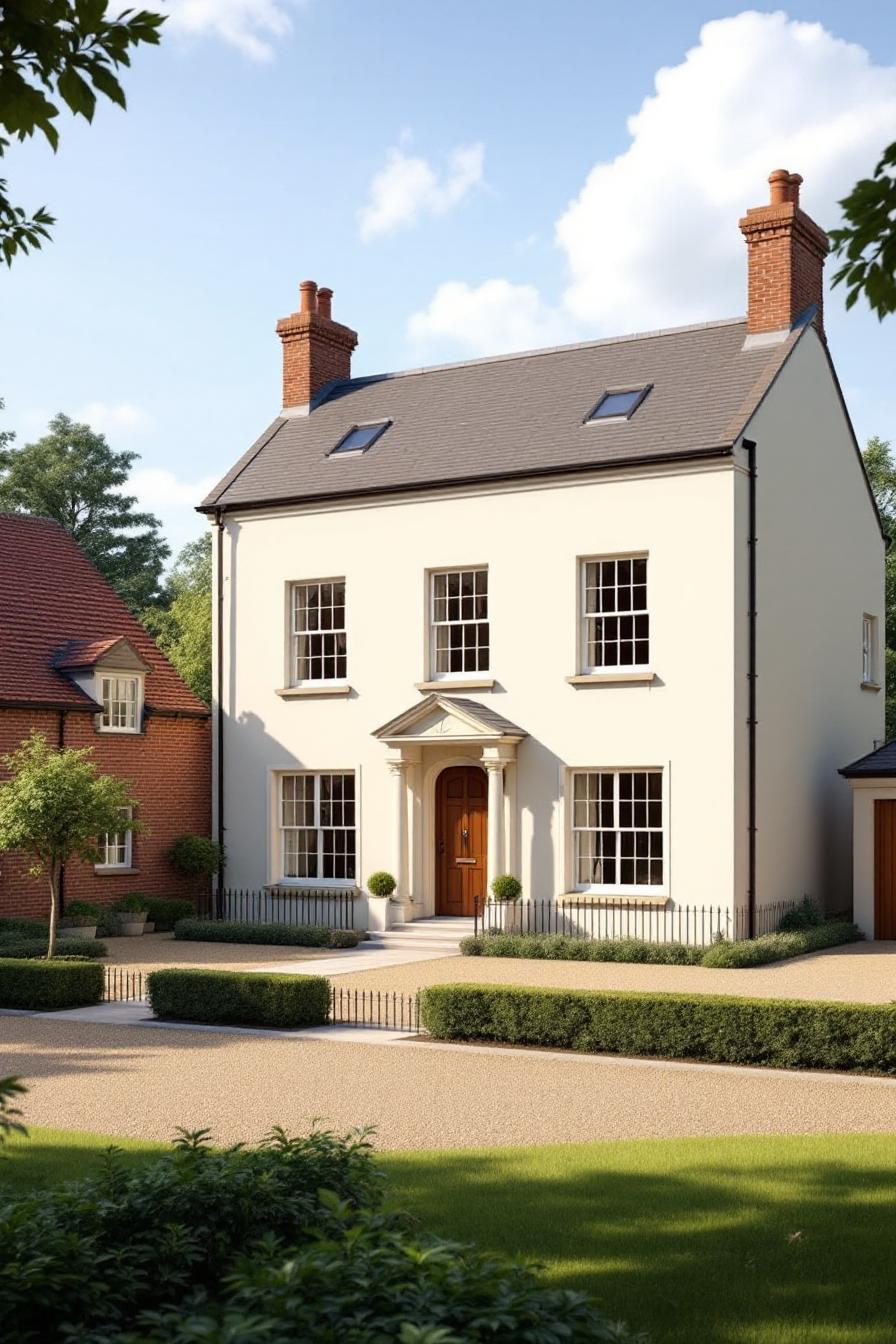 Elegant Georgian farmhouse with white facade and brick chimneys