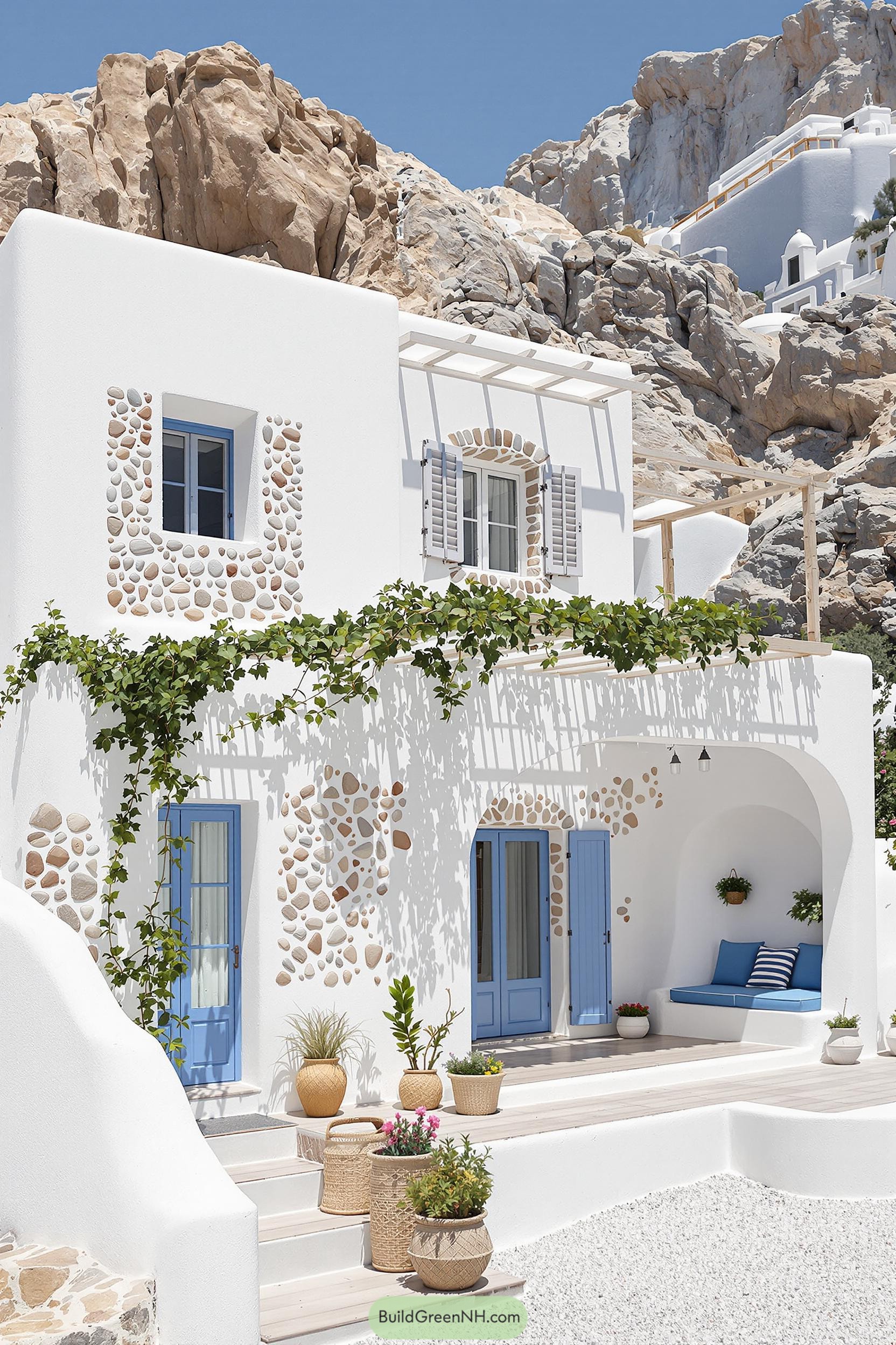Charming Greek cottage with blue shutters and pebble accents