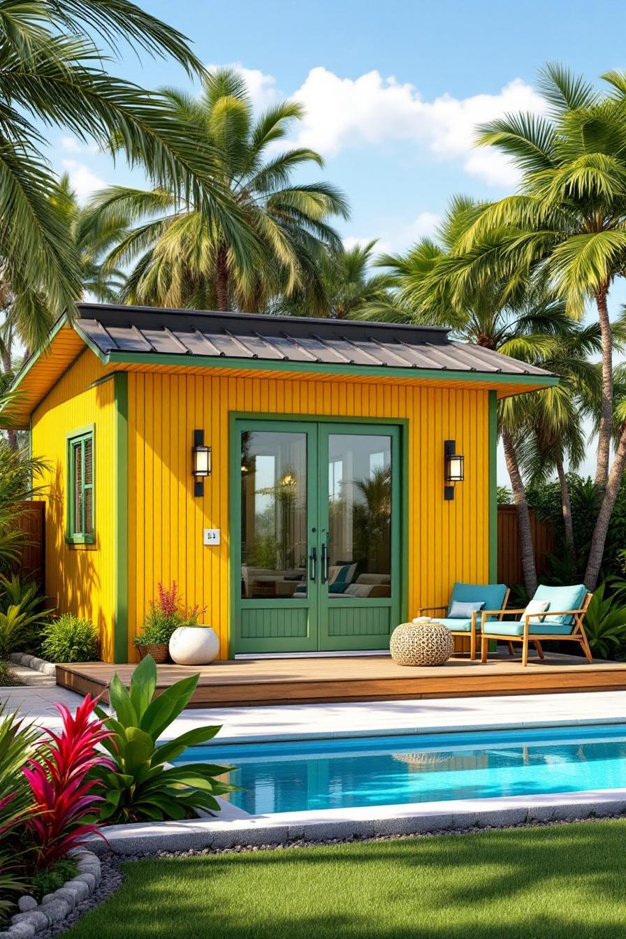 Bright yellow cottage with a pool and palm trees
