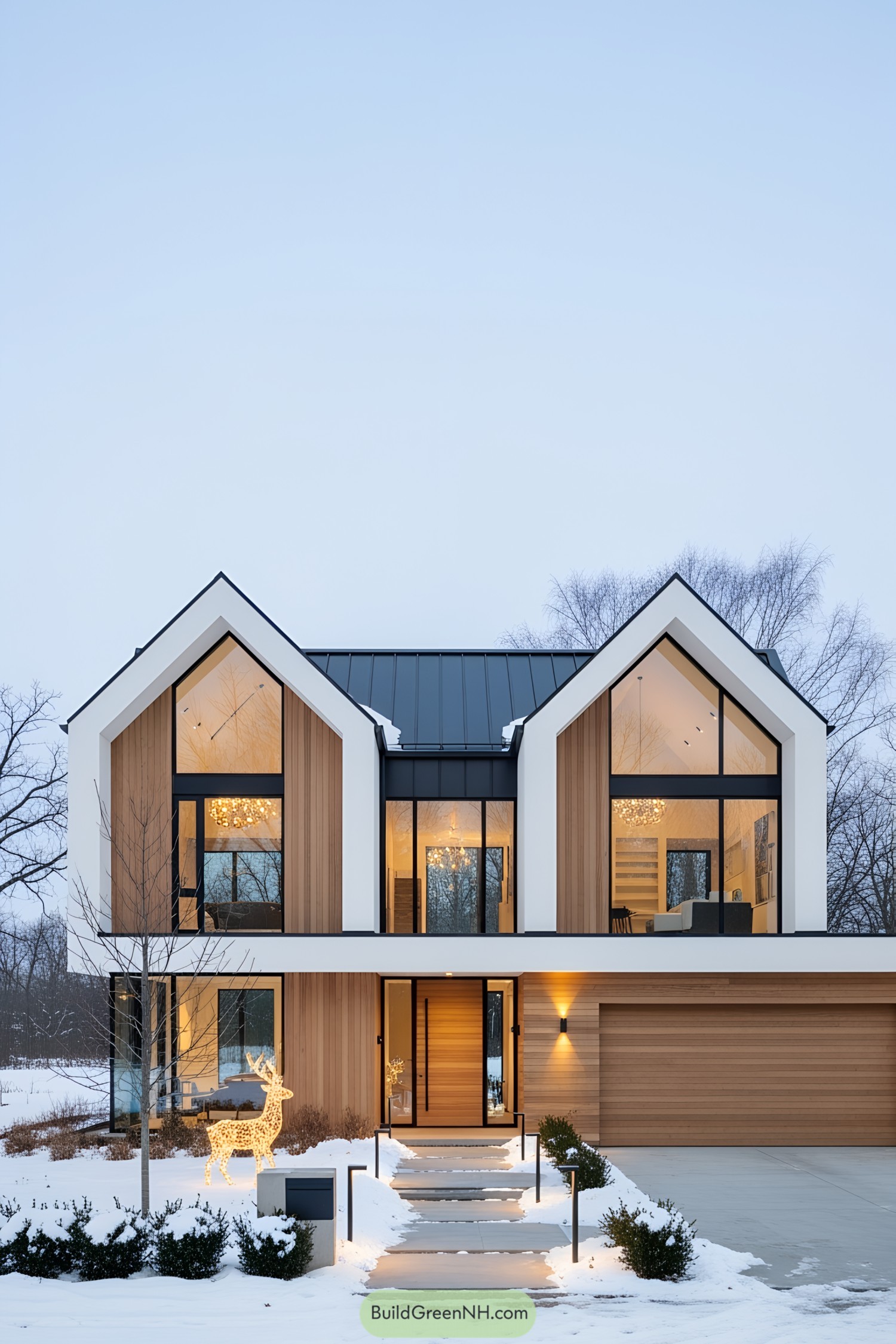 Modern Scandinavian house with large glass windows and a snowy yard