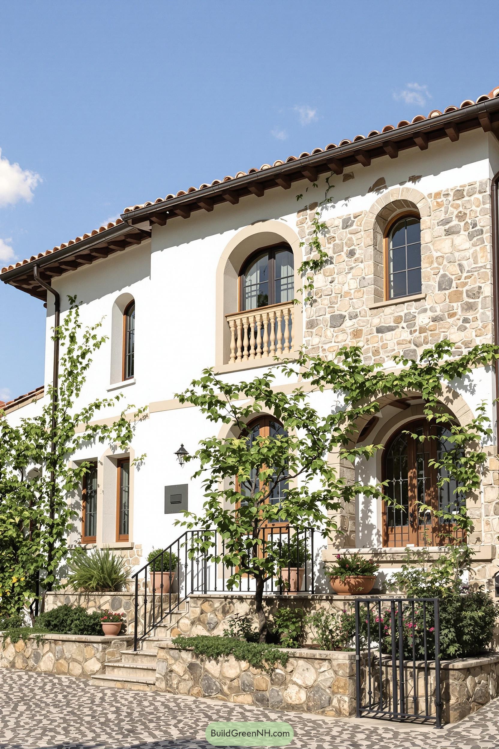 Tuscan cottage with stone facade and lush greenery