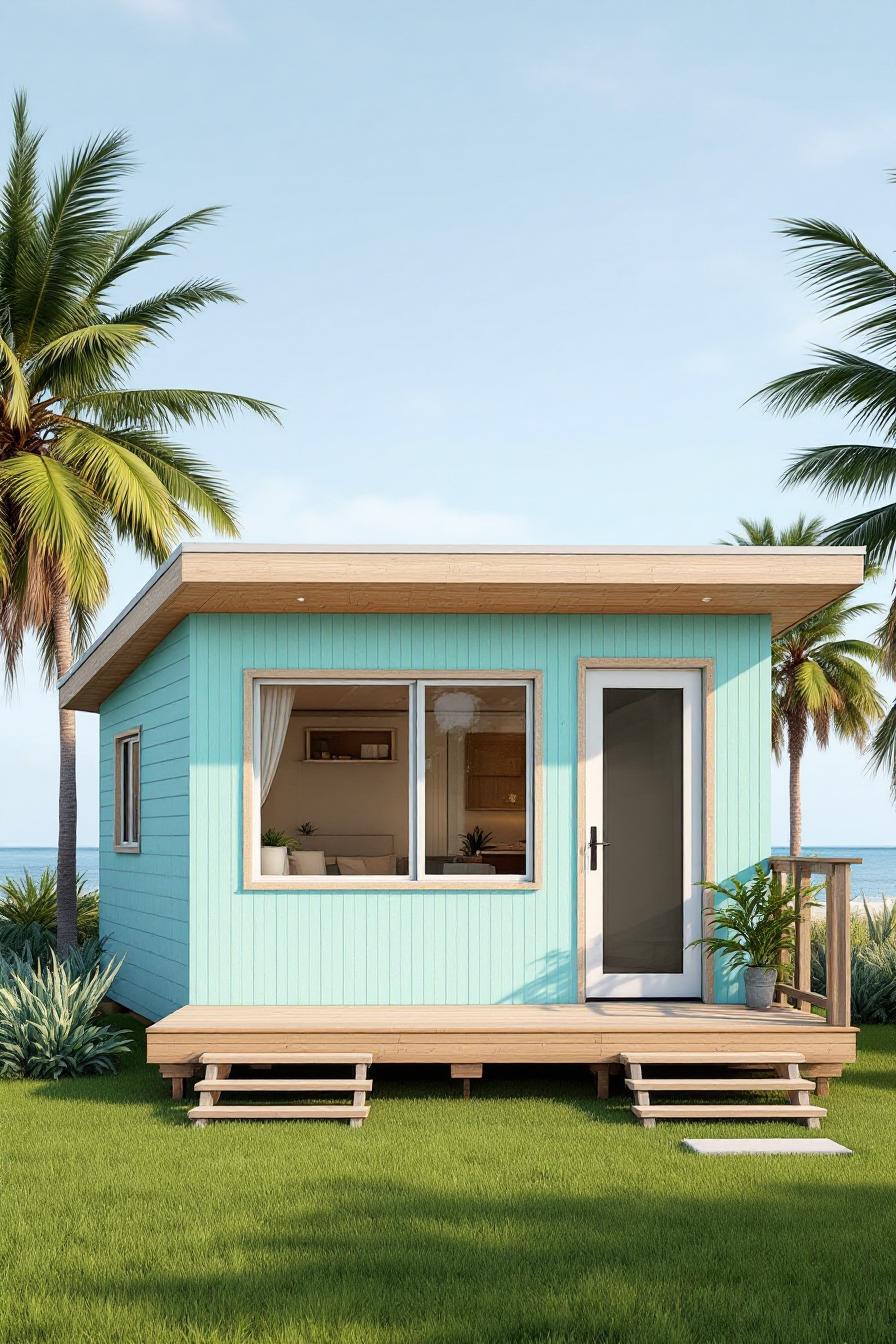 Turquoise beach shack with palm trees