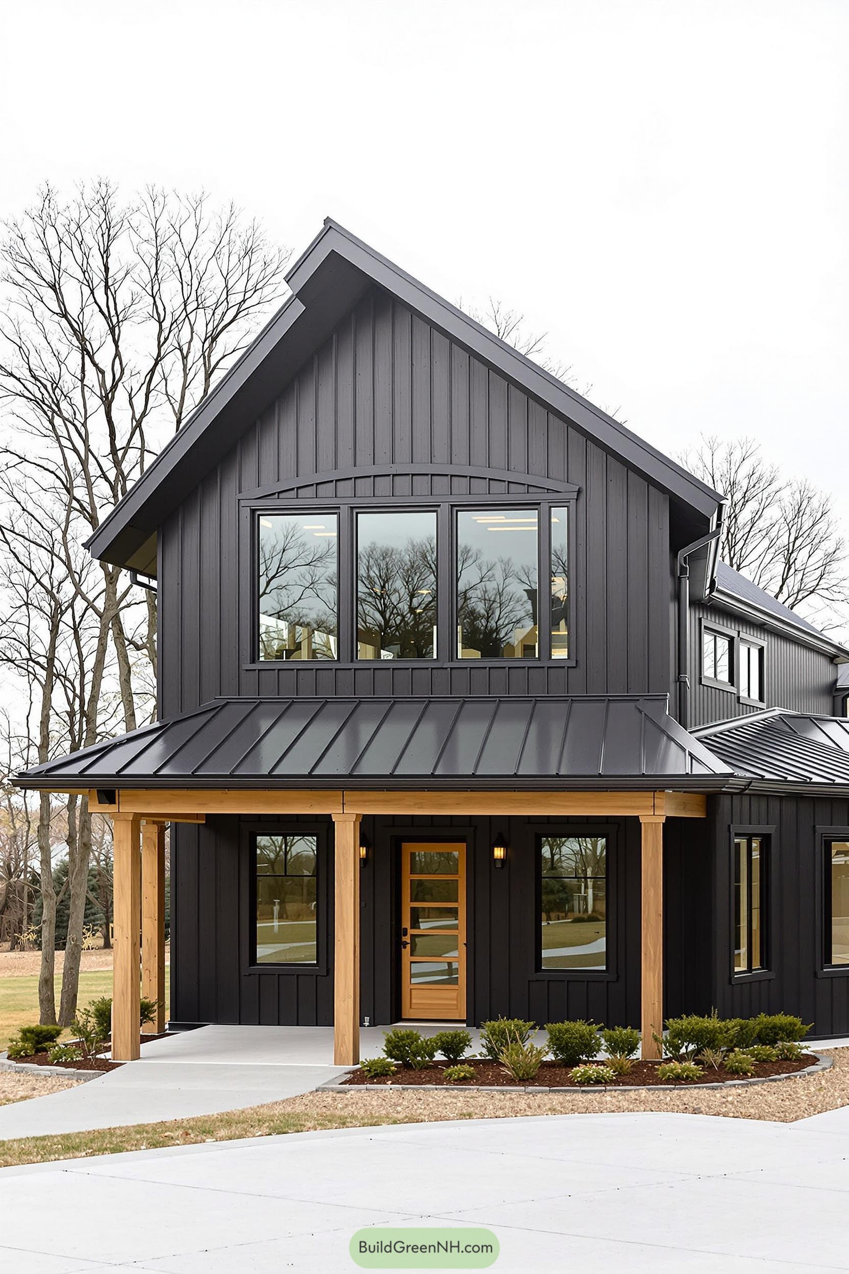 Modern black barndominium with wood accents