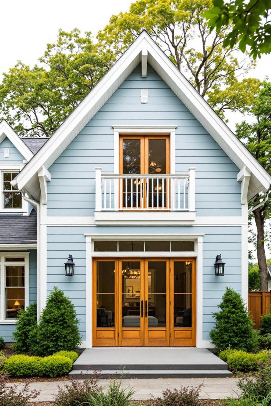 Charming blue house with tall gables and wooden doors