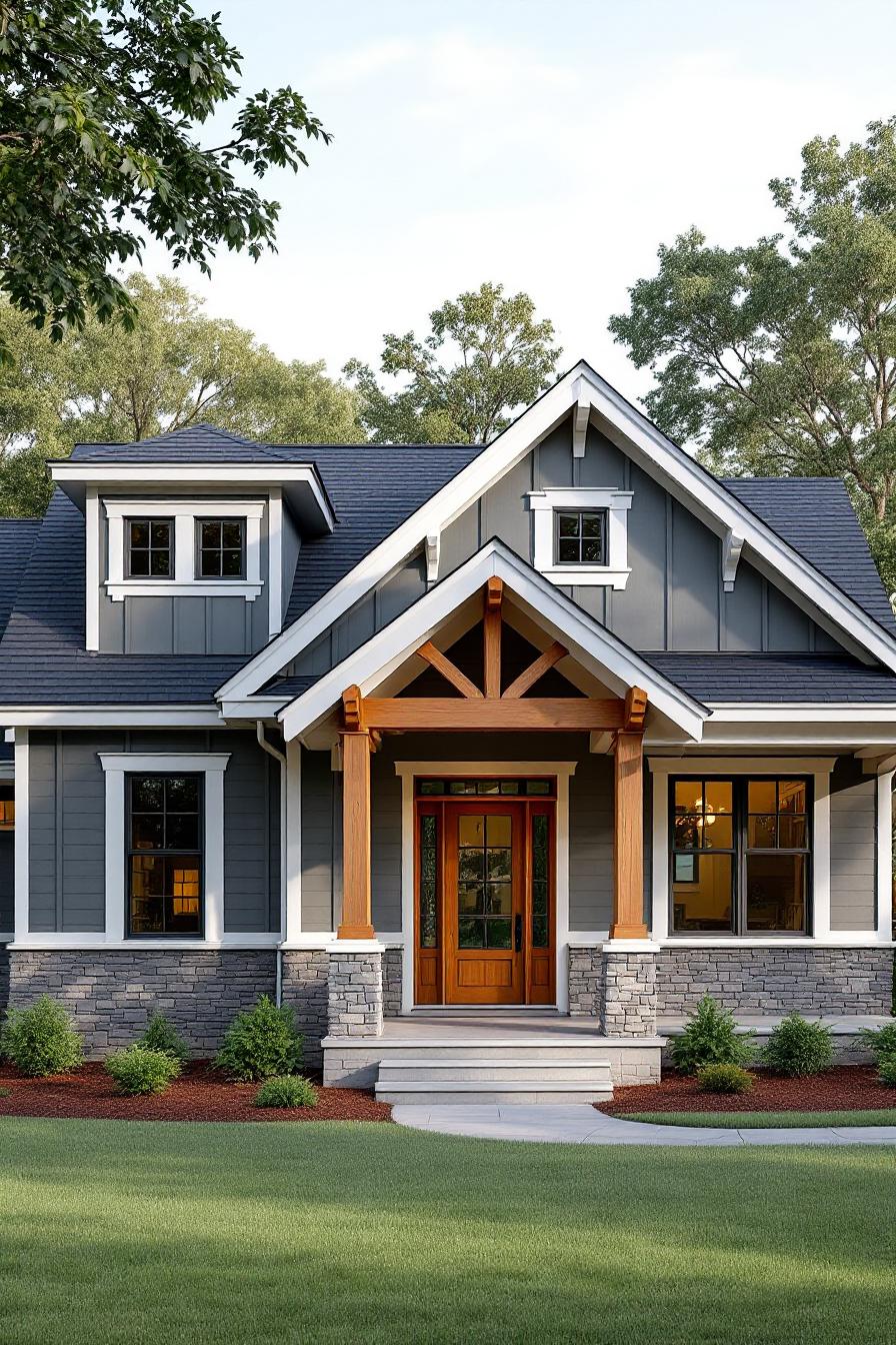 Cozy Craftsman house with wooden accents and stone facade