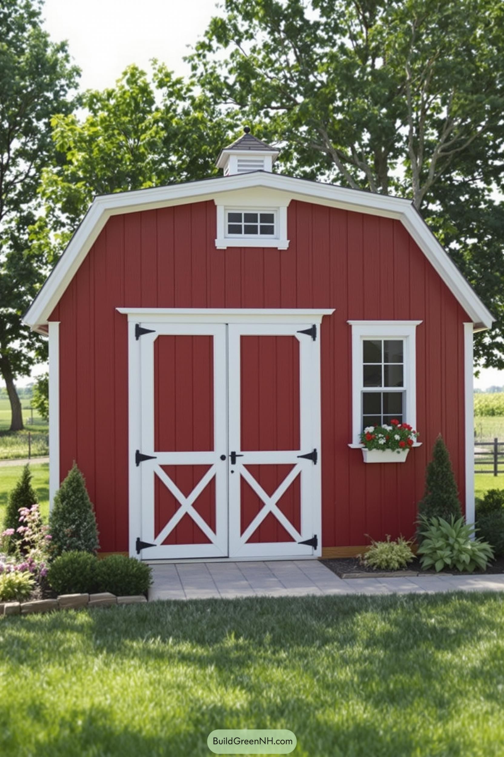 Charming red shed with white trim