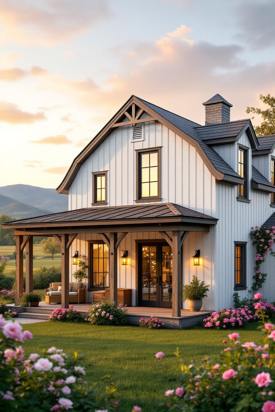 Charming wooden farmhouse with a porch and blooming garden