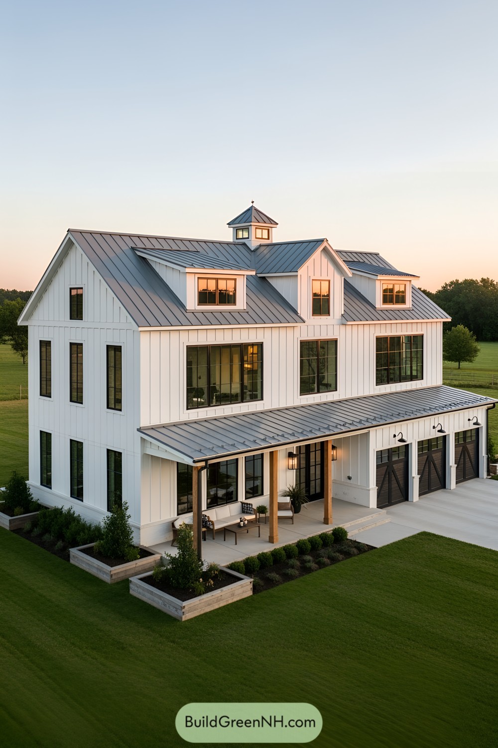 Chic farmhouse dwelling with expansive windows