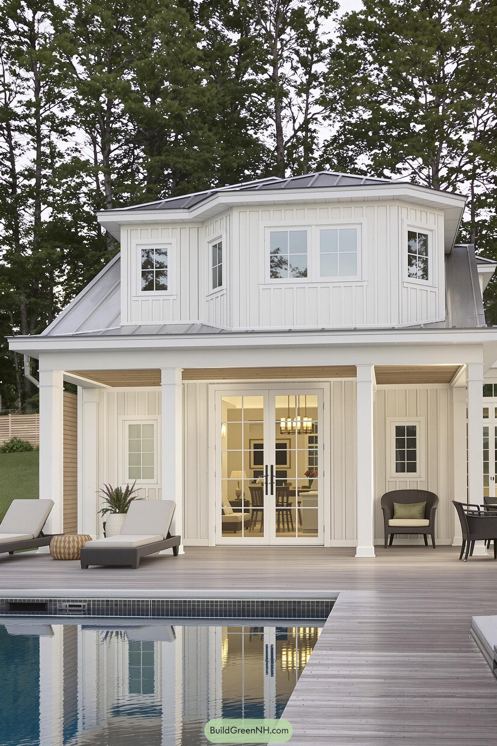 Poolside guest house with cozy seating and large windows