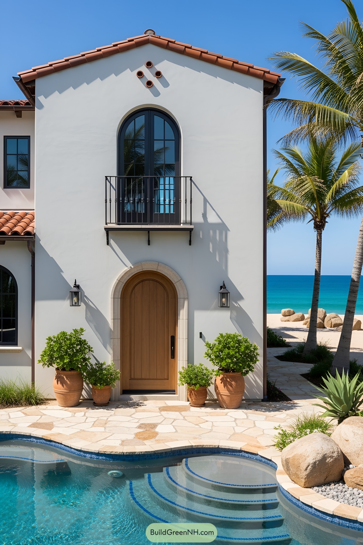 Mediterranean-style house with arched windows, palm trees, and a pool by the beach