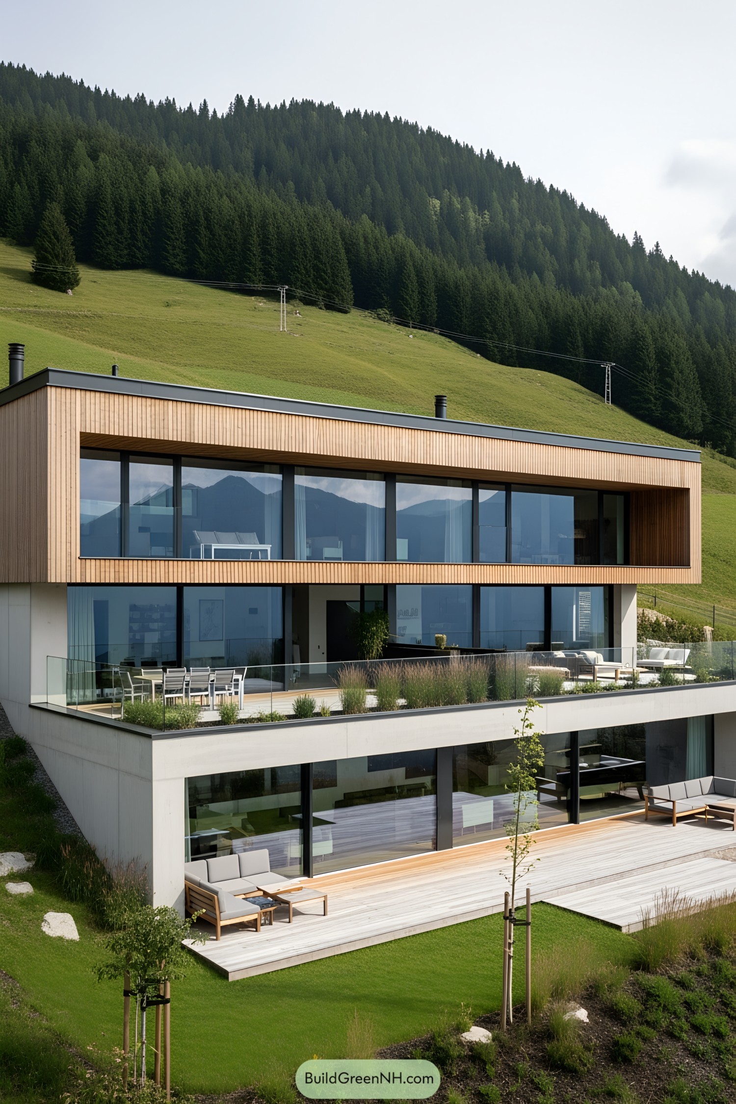 Modern villa with expansive glass windows nestled on a hillside