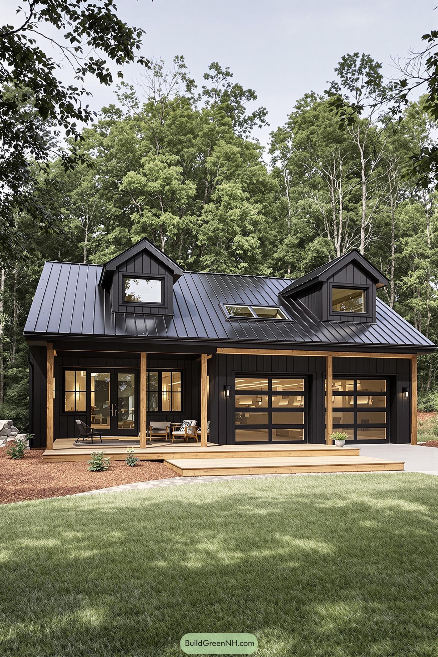 Sleek modern pole barn house with large windows and outdoor deck